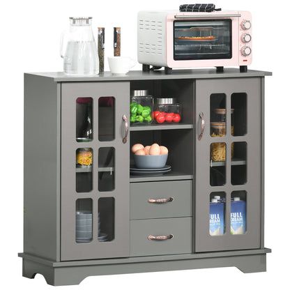 Modern Kitchen Sideboard with 2 Drawers, Coffee Bar Cabinet with Glass Doors Storage Cupboard and Open Shelf, Grey Kitchen Pantry Cabinets   at Gallery Canada