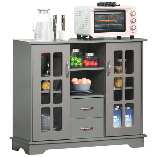 Modern Kitchen Sideboard with 2 Drawers, Coffee Bar Cabinet with Glass Doors Storage Cupboard and Open Shelf, Grey