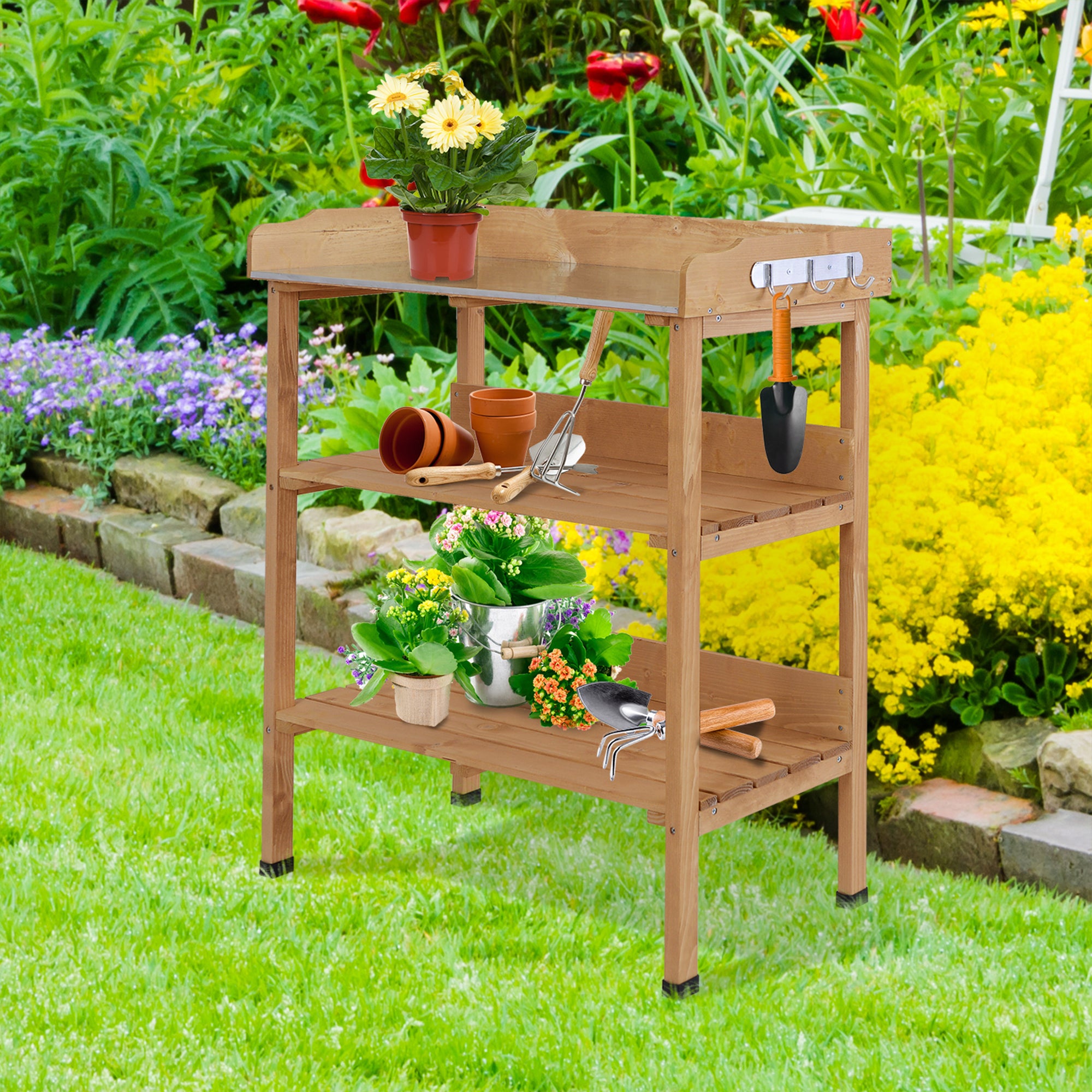 Outdoor Garden Wooden Potting Bench Work Station Table Tool Storage Shelf w/ Hooks, Natural Potting Benches & Tables at Gallery Canada