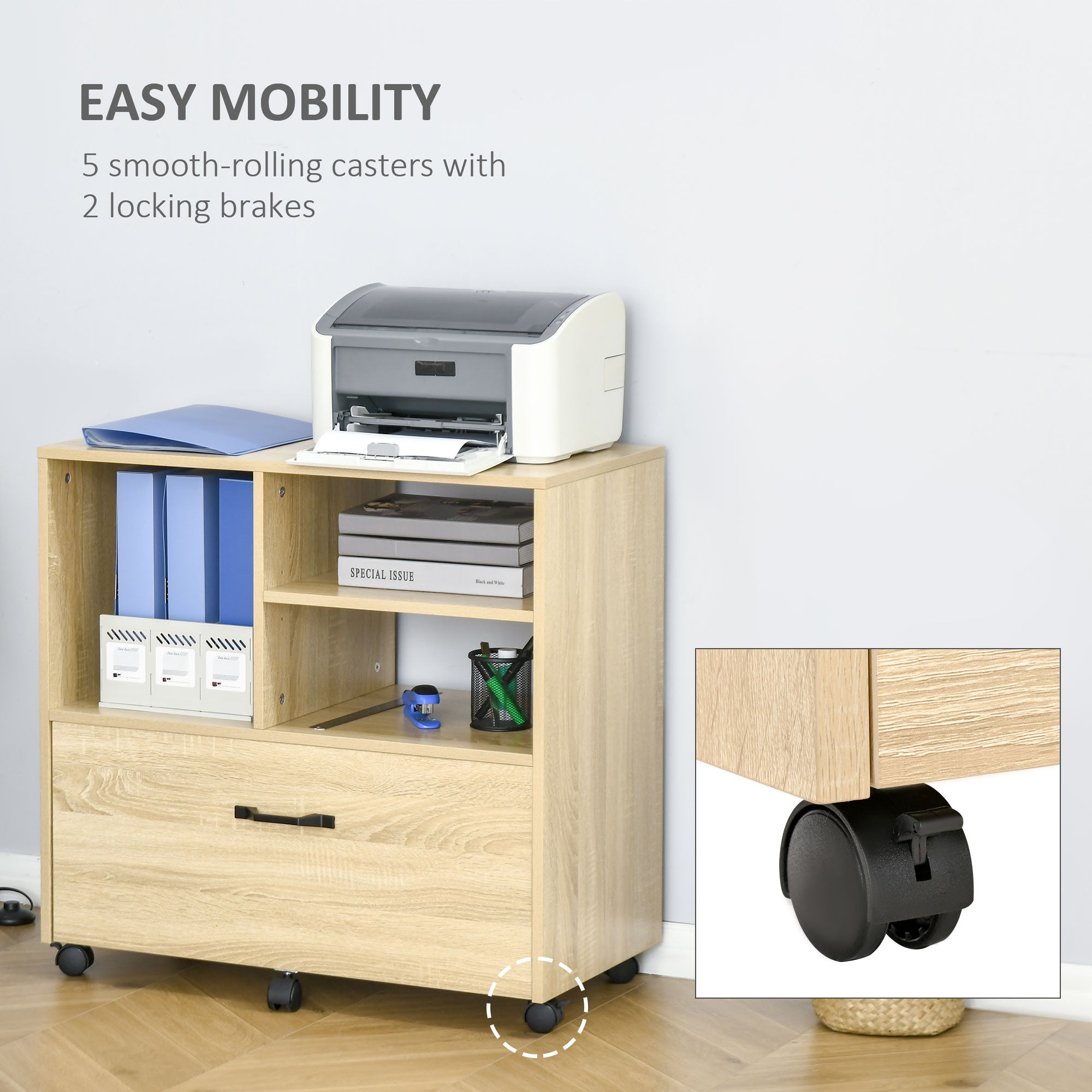 Lateral Filing Cabinet with Open Storage Shelf, Printer Stand, Mobile Office File Cabinet with Wheels for Letter and Legal Sized Files, Natural Office Cabinets & Cupboards at Gallery Canada