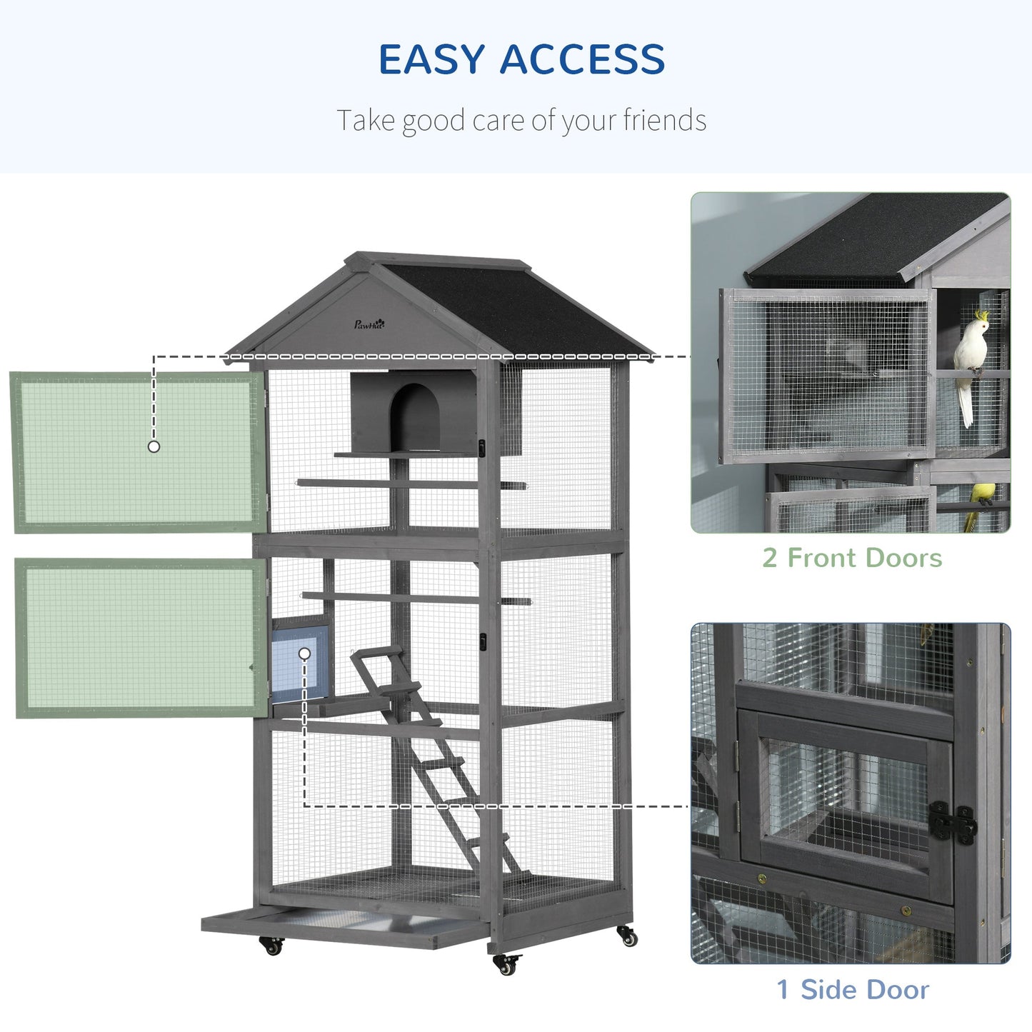 71" Bird Cage Large Mobile Wooden Aviary for Canary Cockatiel with Wheel Perch Nest Ladder Slide-out Tray for Indoor Outdoor Dark Grey Bird Cages   at Gallery Canada