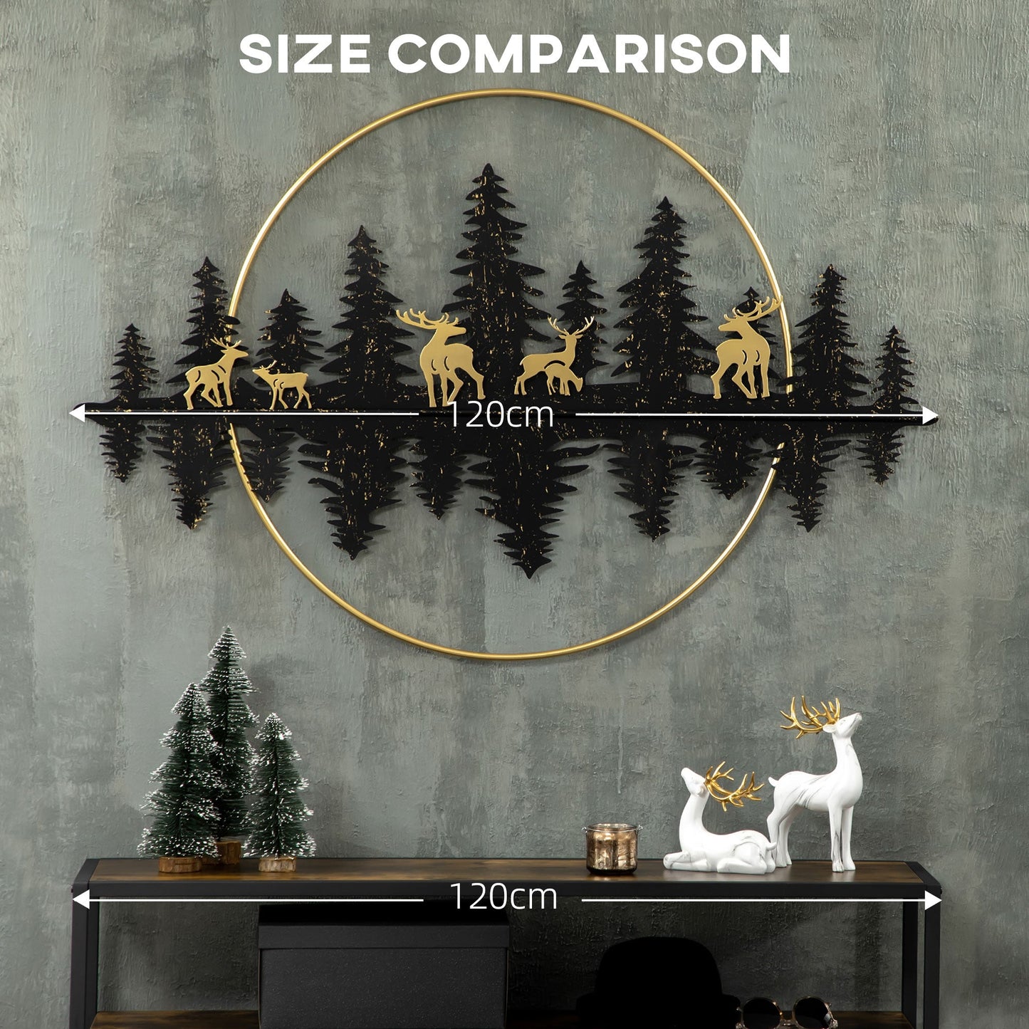 3D Metal Wall Art Modern Reindeer Forest Hanging Wall Sculptures Home Décor for Living Room Bedroom Dining Room, 47"x32"(120x80cm.), Gold Black Hand Painted Canvases   at Gallery Canada