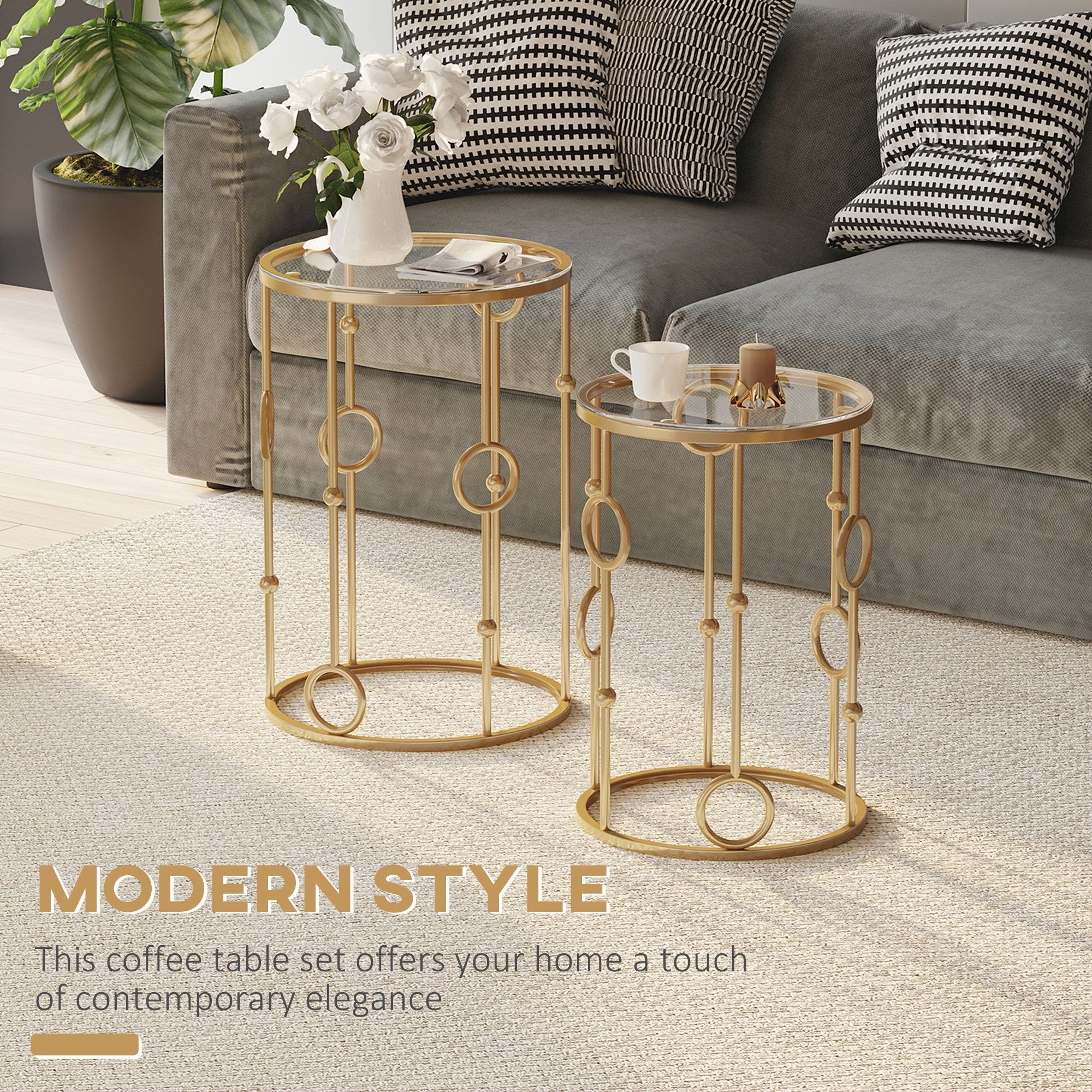 Round Coffee Tables Set of 2, Gold Nesting Side End Tables with Tempered Glass Top, Steel Frame for Living Room Coffee Tables   at Gallery Canada