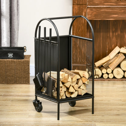 15" Outdoor Firewood Rack with Wheels and Tools, Heavy Duty Wood Storage Stacker, Indoor Outdoor Log Rack, Black Firewood Racks   at Gallery Canada