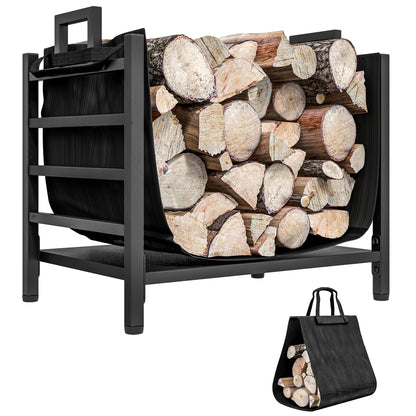 Outdoor Firewood Rack with Log Carrier, Heavy Duty Steel Wood Log Storage Stacker for Fireplace, Black Firewood Racks   at Gallery Canada