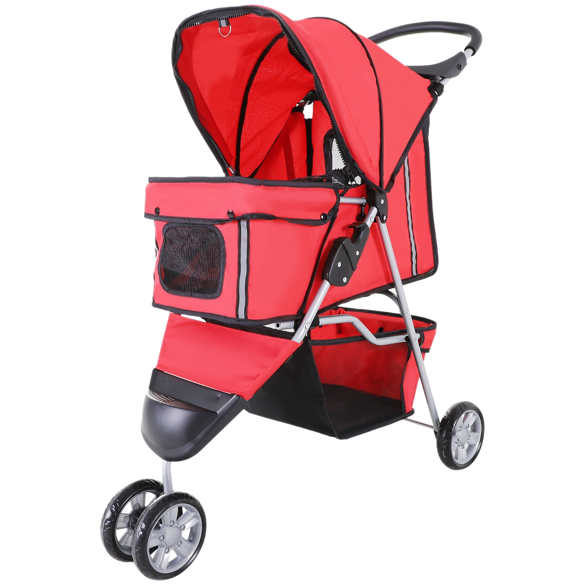 Deluxe 3 Wheels Pet Stroller Foldable Dog Cat Carrier Strolling Jogger with Brake, Canopy, Cup Holders and Bottom Storage Space (Red) Dog Bike Trailers & Strollers Red  at Gallery Canada