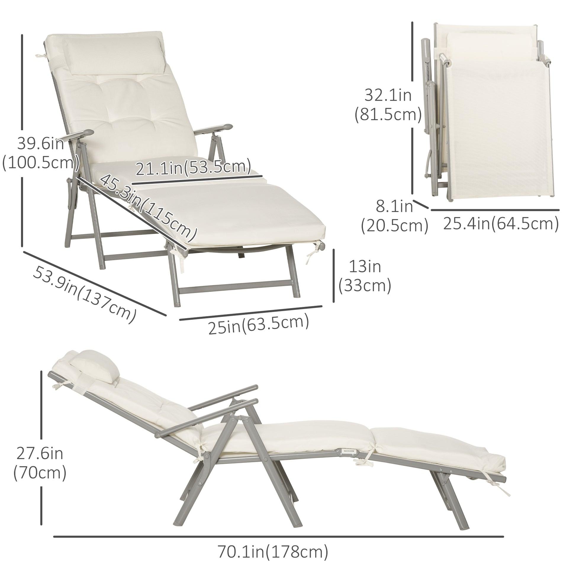 Outdoor Folding Chaise Lounge Chair Recliner with Portable Design, Adjustable Backrest, Cushion and Headrest, Cream White Lounger Chairs   at Gallery Canada