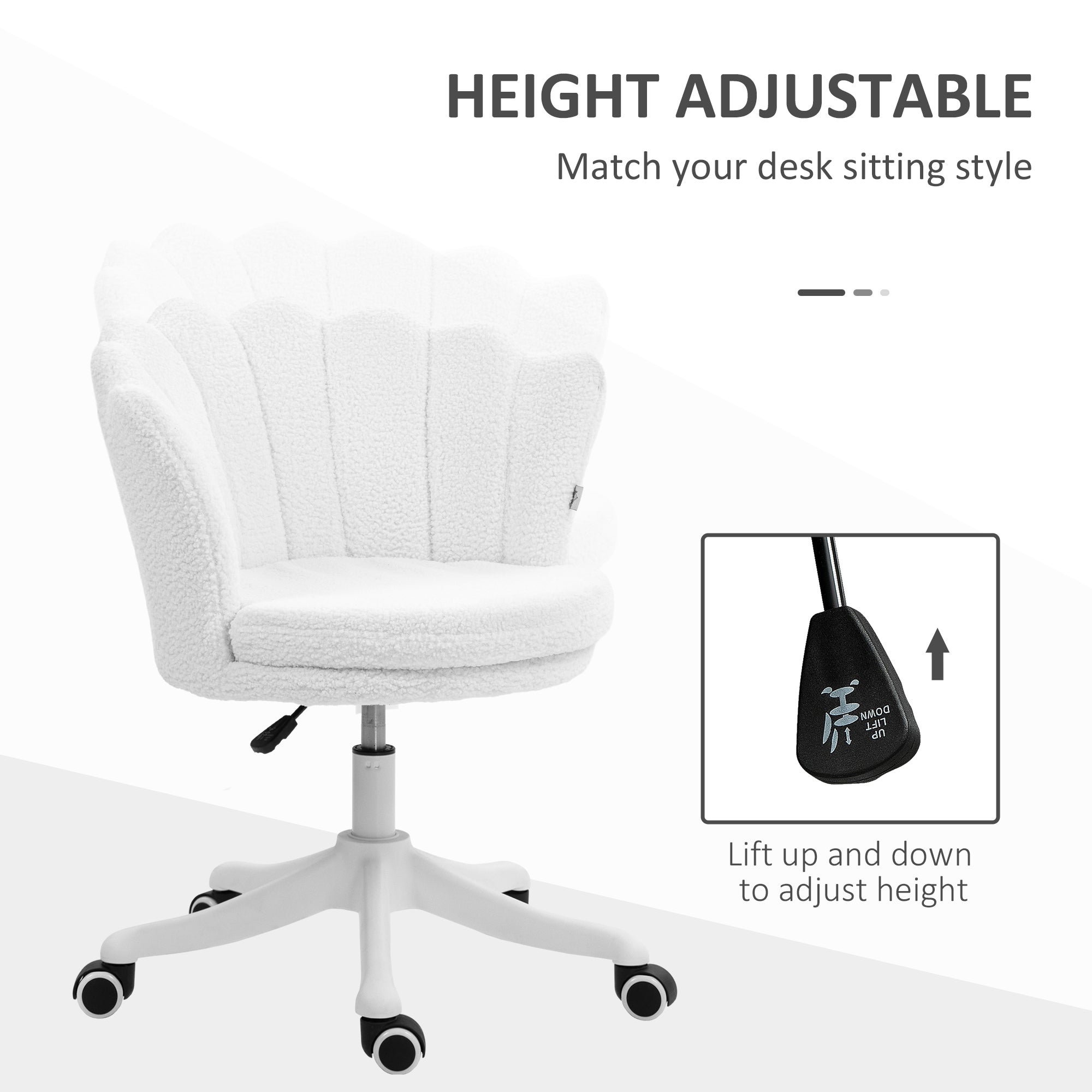 Adjustable Height Study Chair, Mid Back Berber Fleece Office Chair with Swivel Wheels for Living Room, Study, White Task Chairs at Gallery Canada