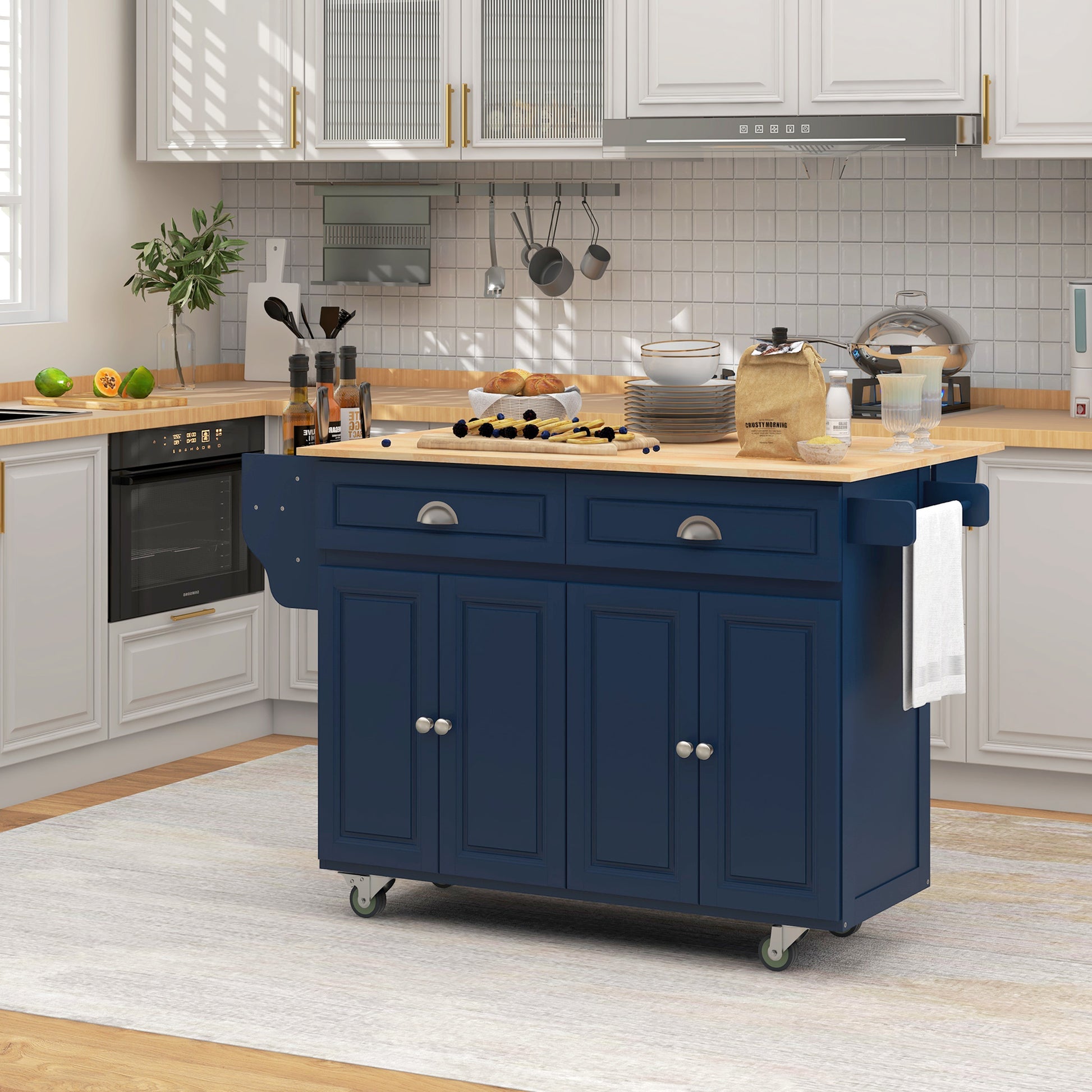 Kitchen Island with Storage, Rolling Kitchen Island with Drop Leaf, Rubber Wood Top and Adjustable Shelves, Navy Blue Kitchen Islands & Kitchen Carts at Gallery Canada