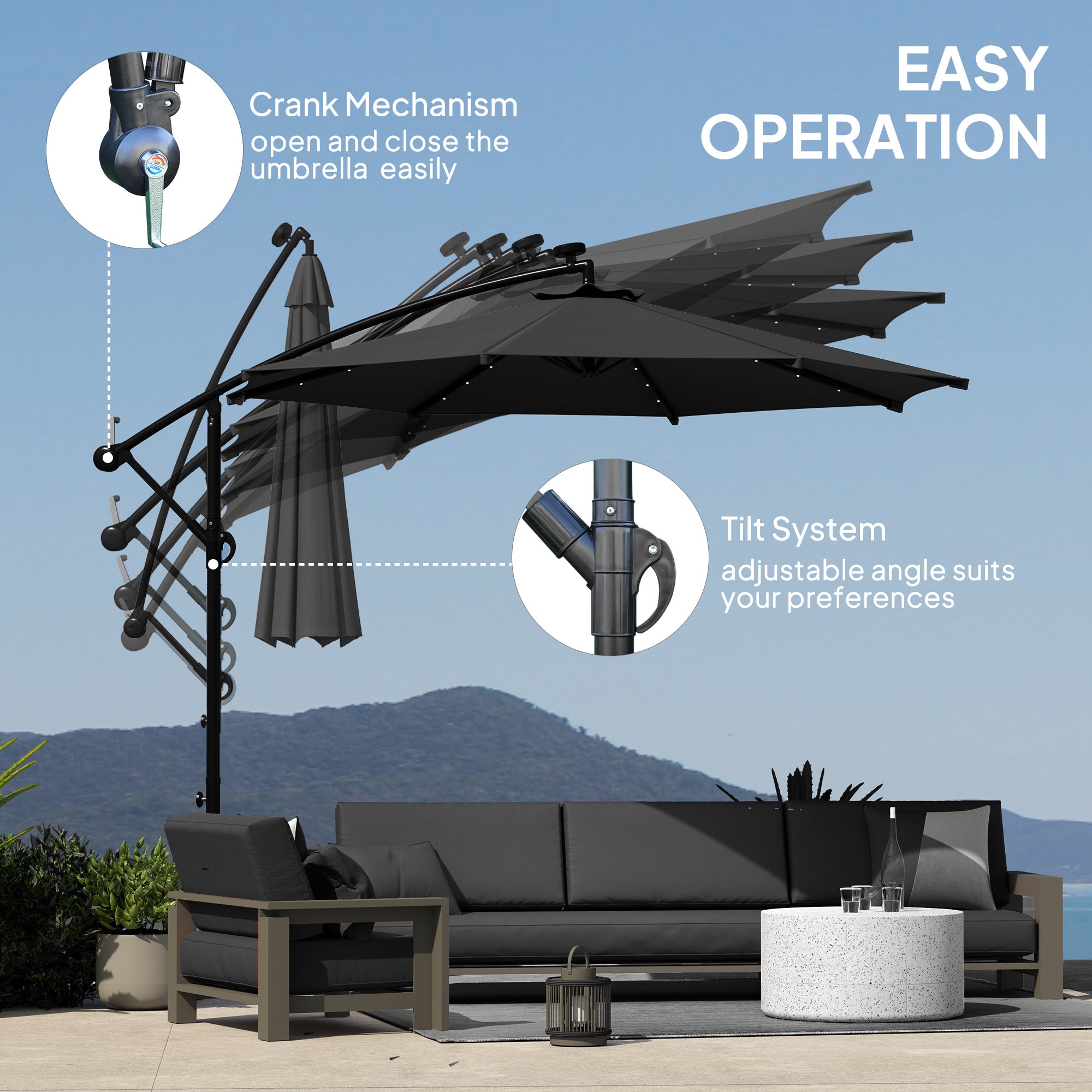 10ft Outdoor Cantilever Umbrella Banana Umbrella with Solar Lights and Adjustable Angle for Patio Backyard Black Offset Cantilever Umbrellas at Gallery Canada