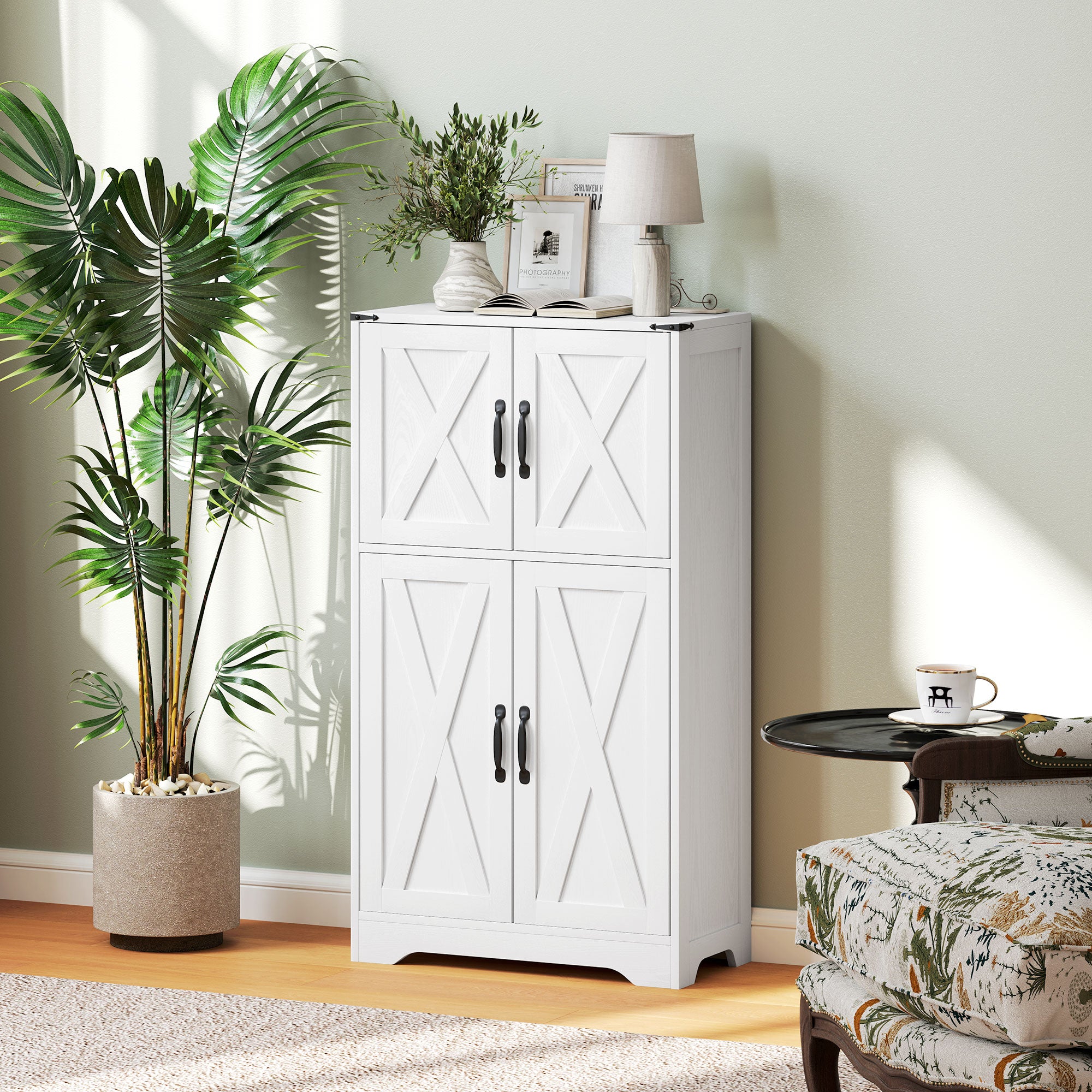 Farmhouse Kitchen Pantry, Freestanding Kitchen Pantry Storage Cabinet with Barn Doors and Adjustable Shelves, White Kitchen Pantry Cabinets at Gallery Canada