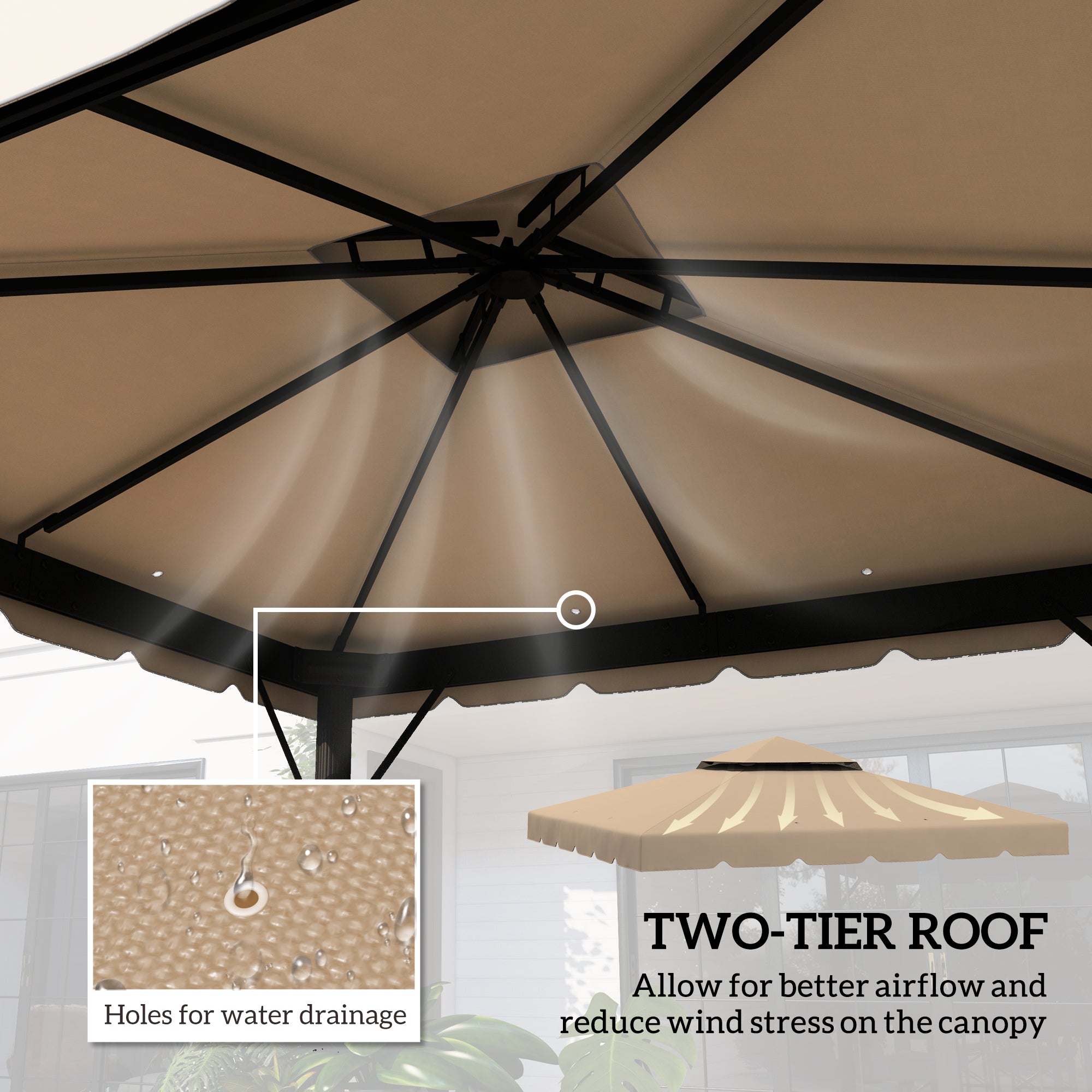 9.8' x 9.8' Replacement Canopy, Gazebo Top Cover with Double Vented Roof for Garden Patio (TOP ONLY), Khaki Gazebos at Gallery Canada