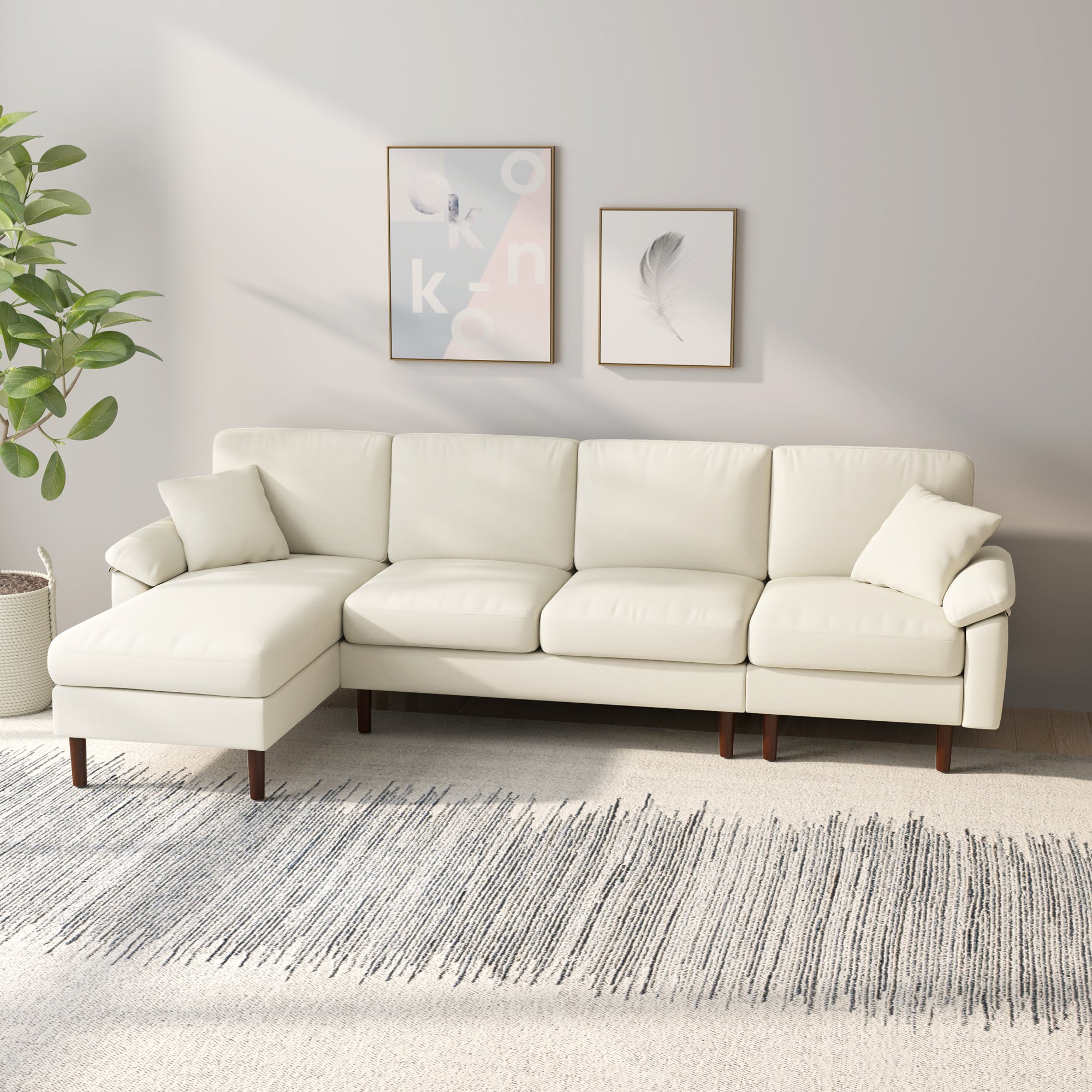 L-Shape Sofa, Modern Sectional Couch with Changeable Chaise Lounge, Pillows and Wooden Legs for Living Room, Cream White 3-Seater Sofas at Gallery Canada