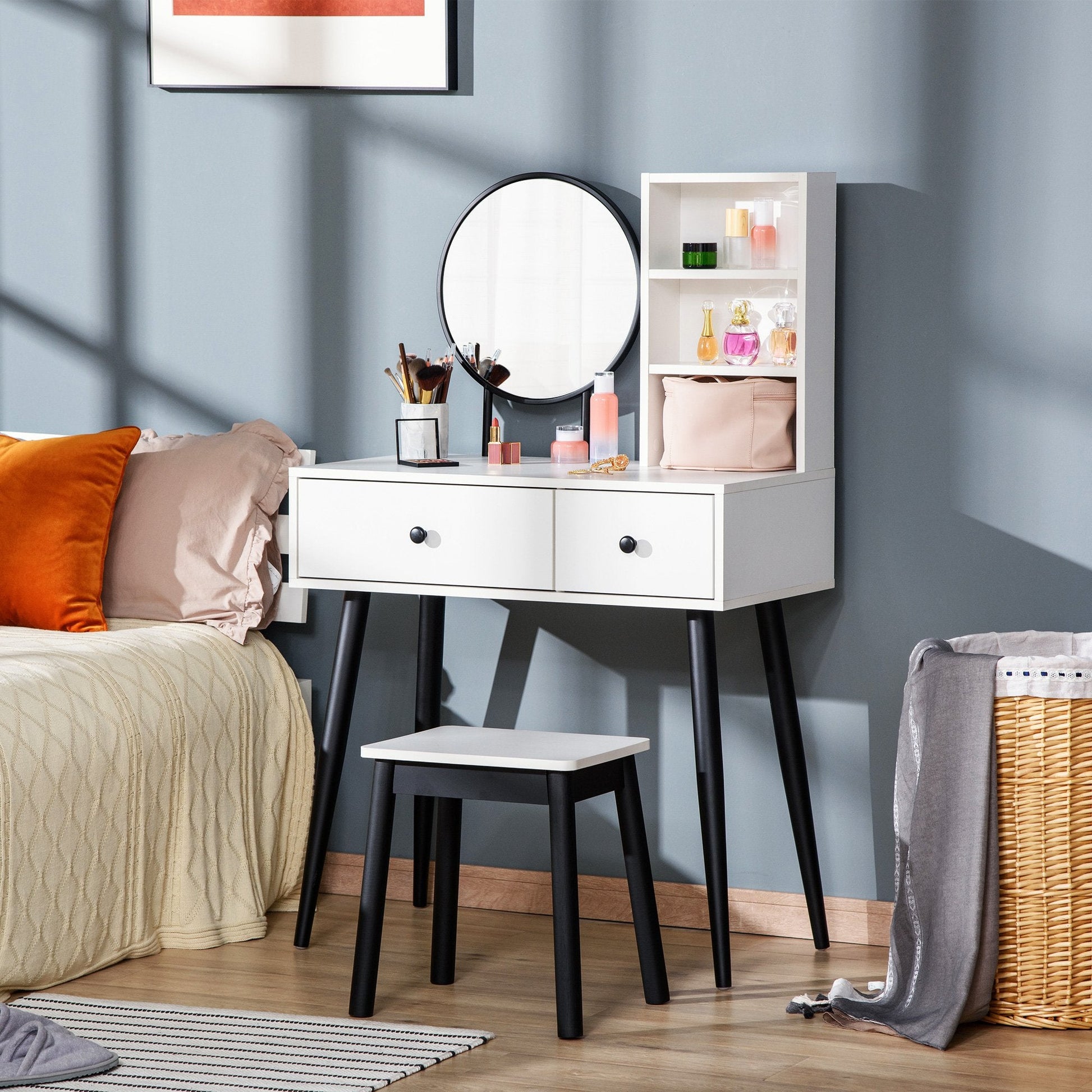 Vanity Set, Makeup Dressing Table Set with Stool, Wood Vanity Desk with Mirror, Storage Drawers and Shelf for Bedroom, White and Black Dressing & Vanity Tables   at Gallery Canada