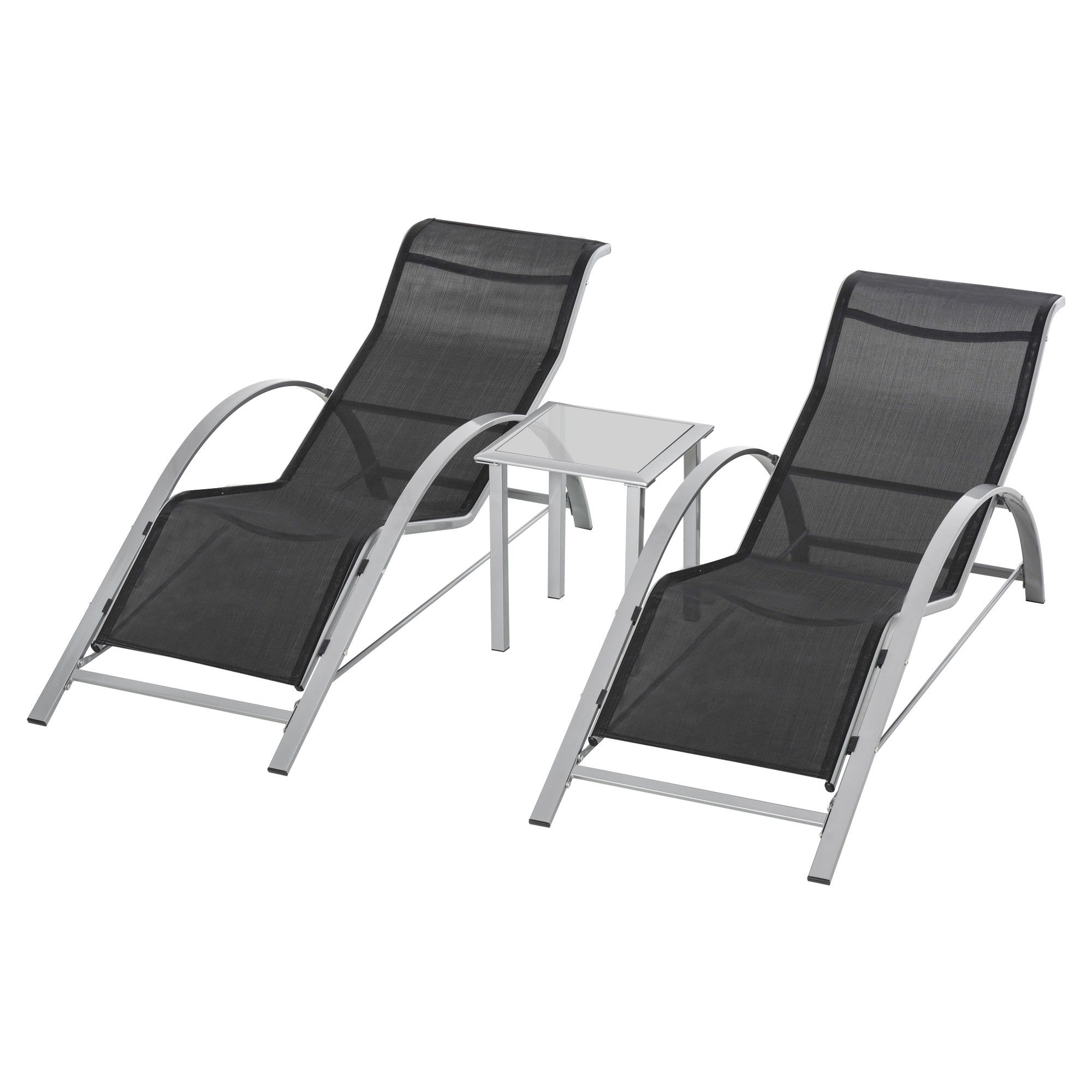 3 Pieces Patio Pool Lounge Chairs Set, Outdoor Chaise lounge with 2 S-Shaped Sunbathing Chairs and a Glass Top Table, for Yard Garden, Black Lounger Chairs   at Gallery Canada