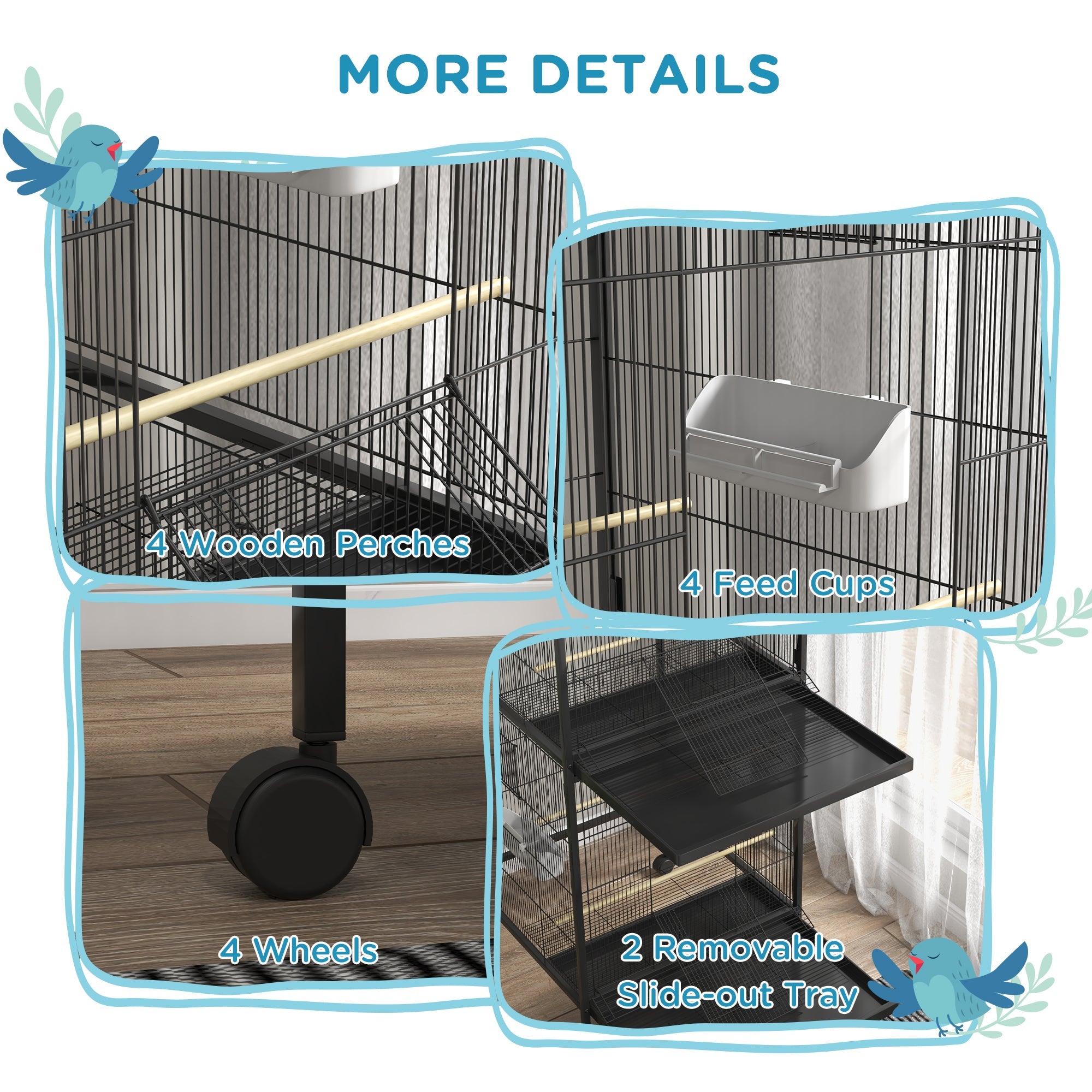 Wrought Metal Bird Cage Feeder with Rolling Stand Perches Food Containers Doors Wheels 67