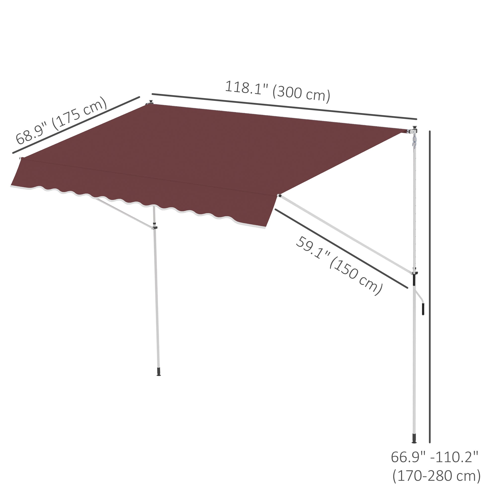 10x5ft Patio Sun Shade Canopy Manual Retractable Awning with 5.6-9.2ft Support Pole for Window, Door, Porch, Wine Red Patio Awnings at Gallery Canada