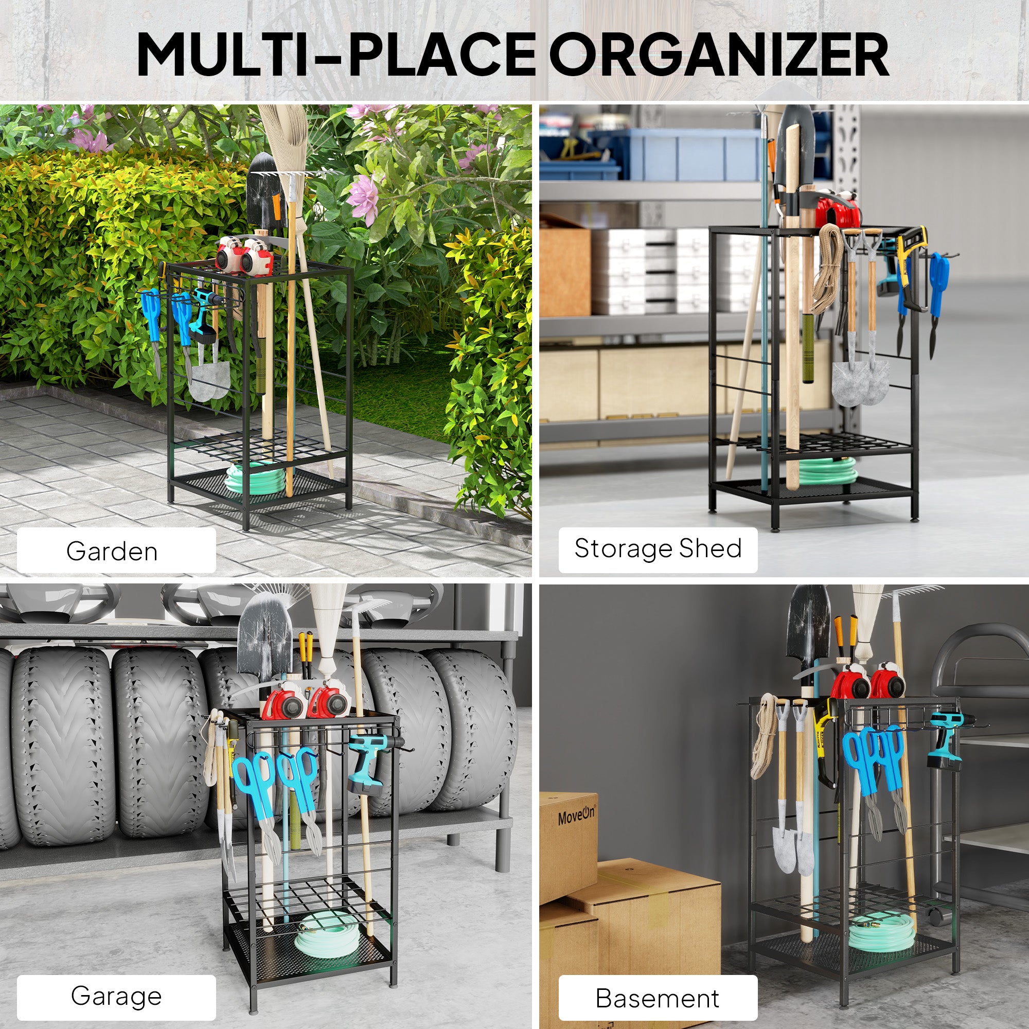 3-Tier Yard Tool Tower Rack, Garden Tool Organizer with 14 Hooks for Long-Handled Rakes, Shovel, Broom, Black Garden Accessories at Gallery Canada