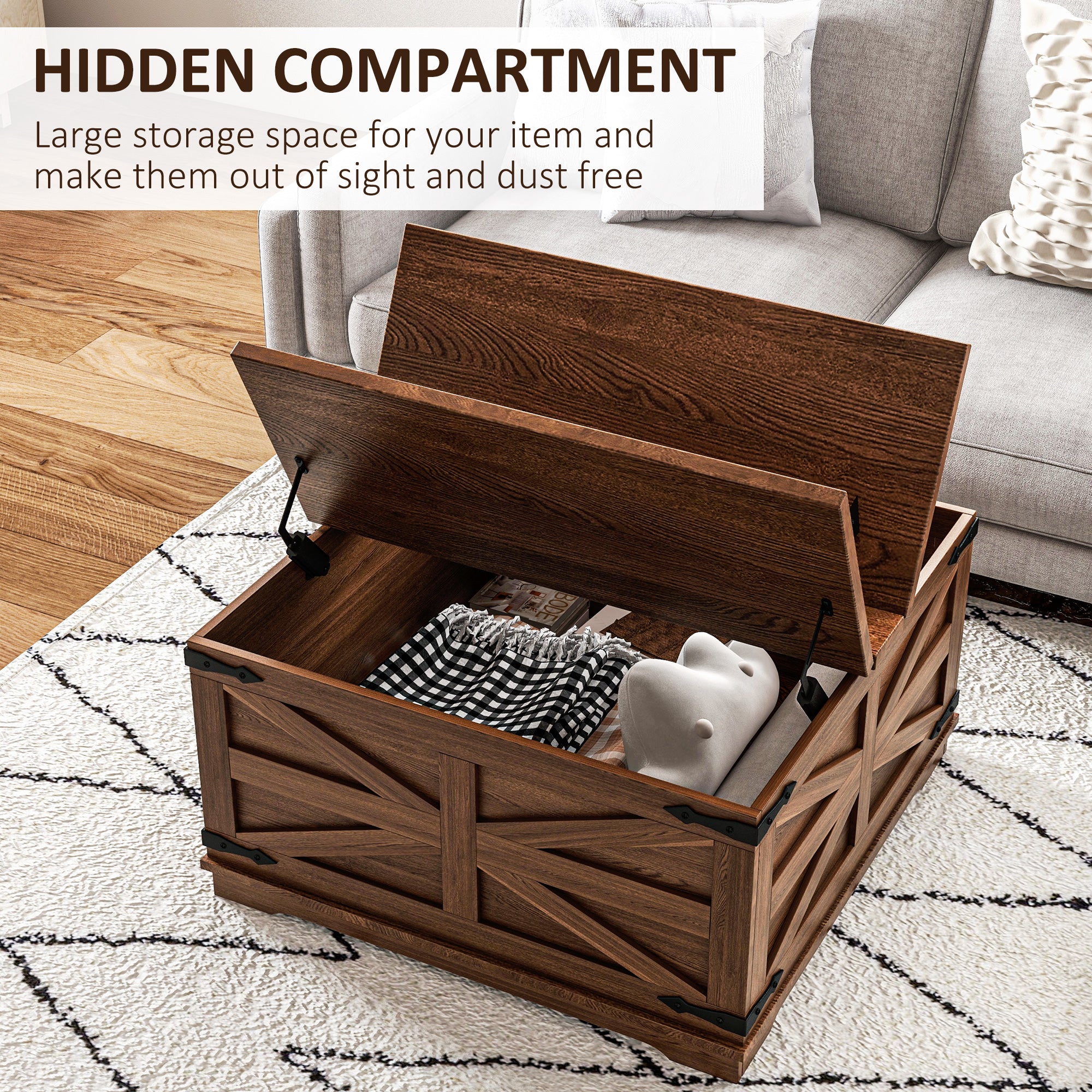 Farmhouse Coffee Table, Square Center Table with Flip-top Lids, Hidden Storage Compartment, Brown Coffee Tables at Gallery Canada
