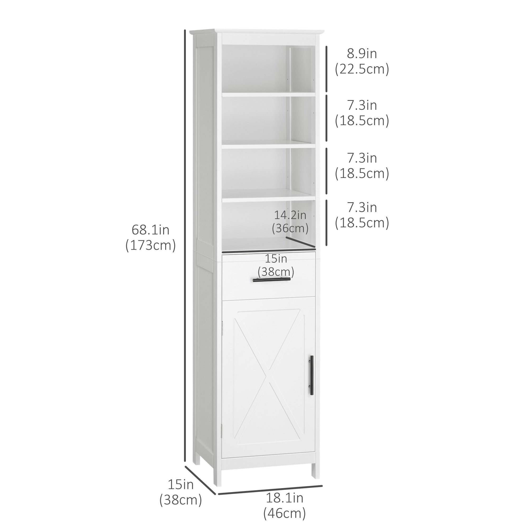 Tall Bathroom Storage Cabinet, Free Standing Bathroom Cabinet Slim Side Organizer w/ 3-Tier Open Shelf, Door, and Drawer, White Bathroom Cabinets   at Gallery Canada
