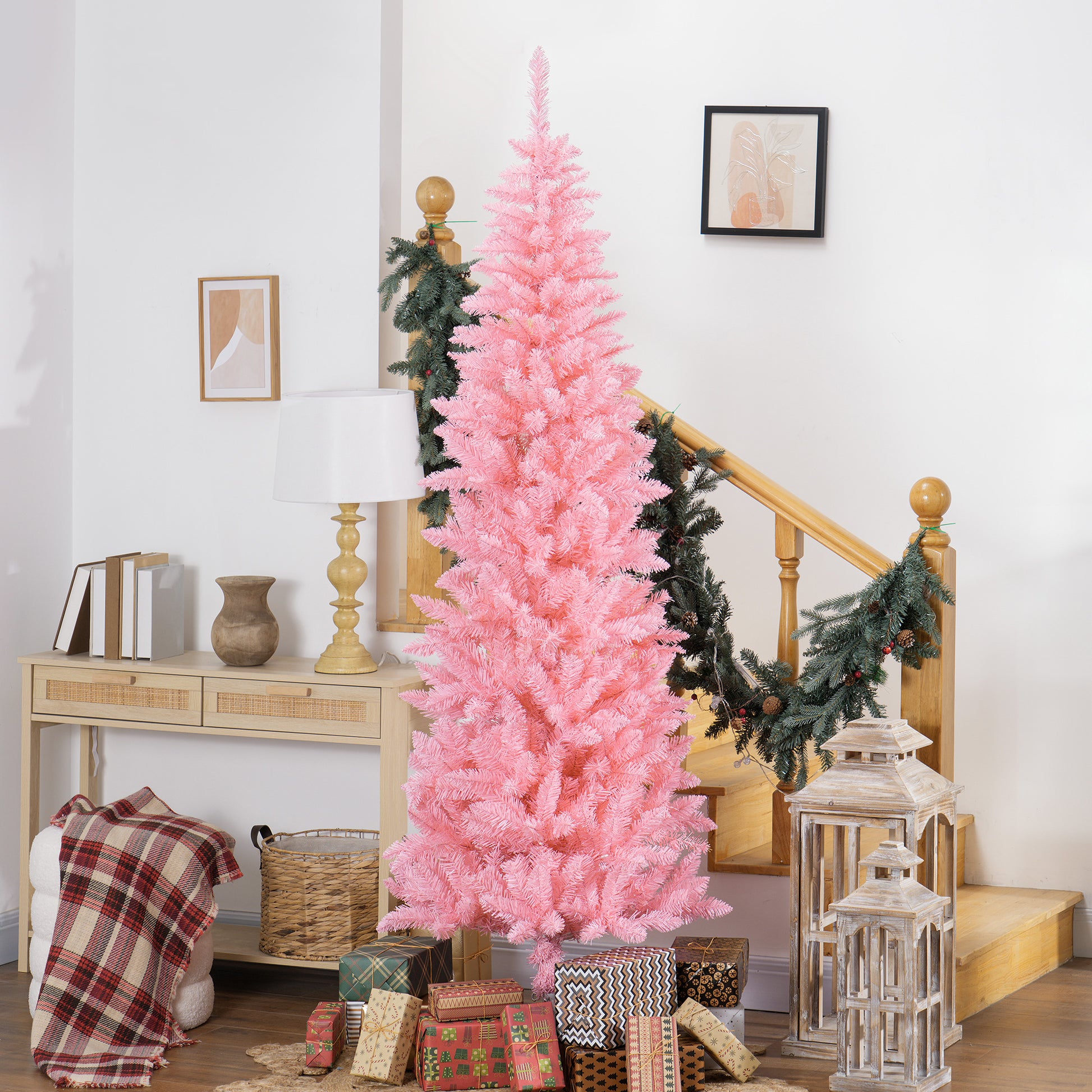 7ft Tall Pencil Artificial Christmas Tree with 687 Branch Tips with Steel Base, Pink Pencil Christmas Trees   at Gallery Canada