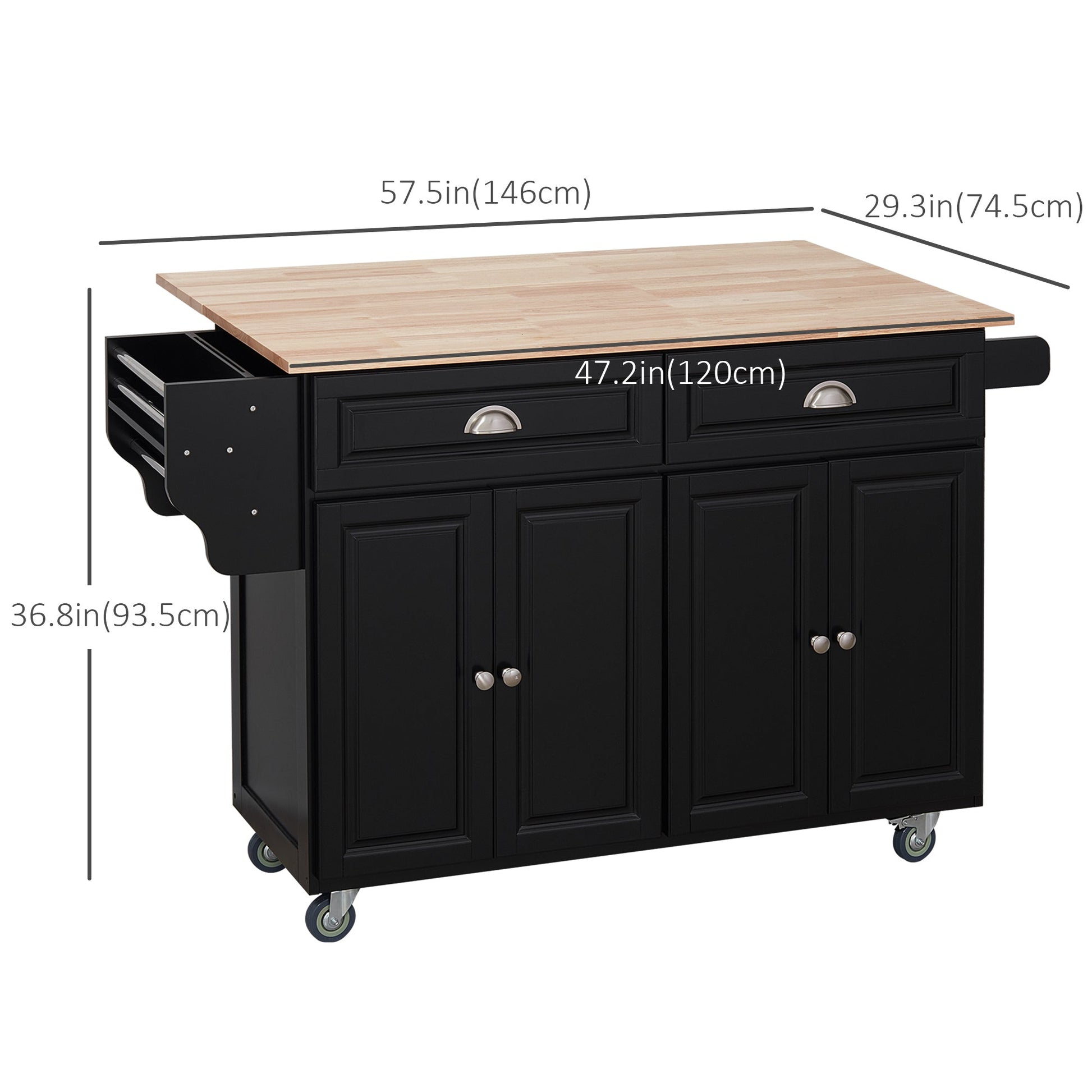 Rolling Kitchen Island on Wheels Utility Cart with Drop-Leaf, Rubber Wood Countertop, Storage Drawers, Door Cabinets and Adjustable Shelves, Black Kitchen Islands & Kitchen Carts   at Gallery Canada