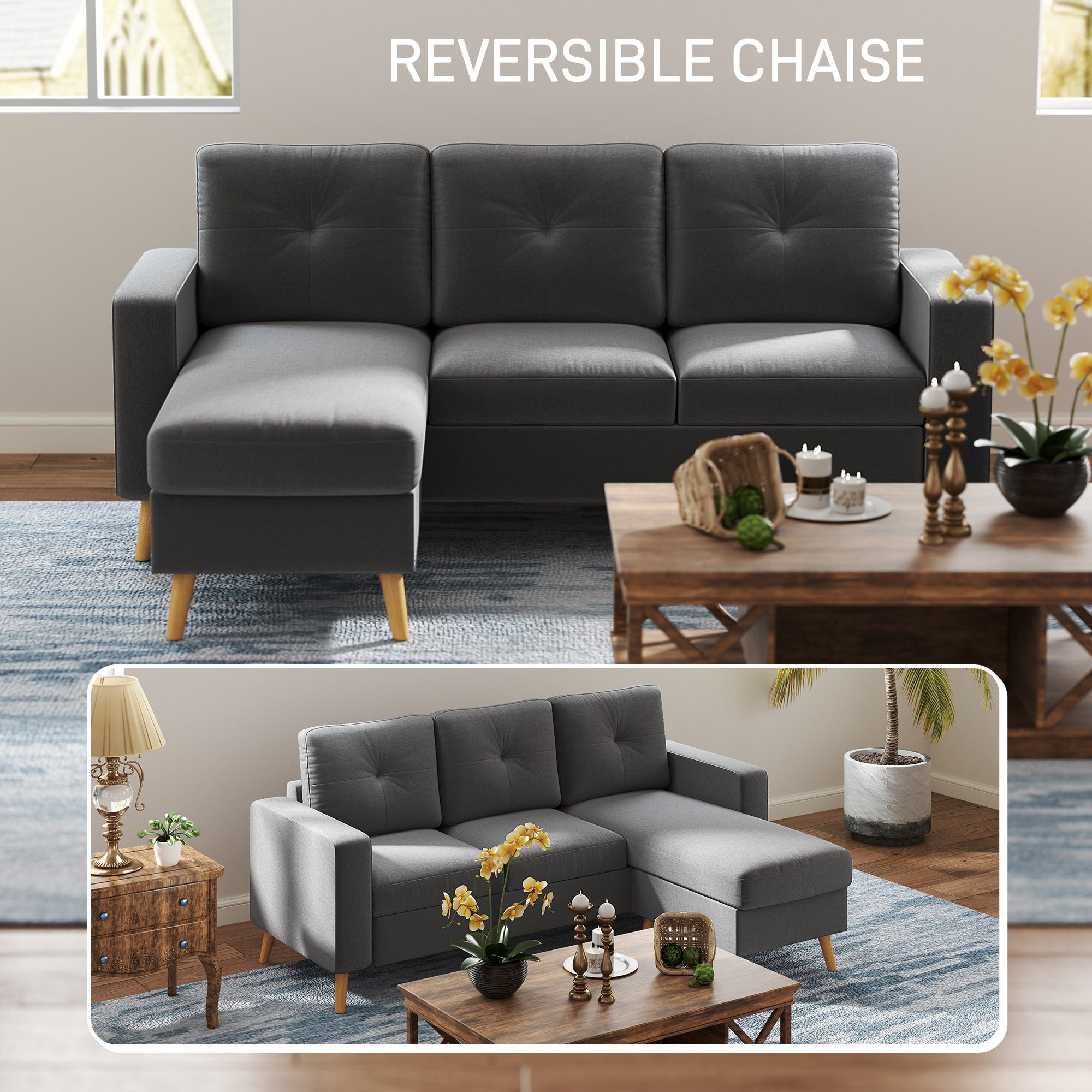 Sectional Sofa Couch, L Shaped Couch with Reversible Chaise, Wooden Legs for Living Room, Bedroom, Dark Grey 3-Seater Sofas at Gallery Canada
