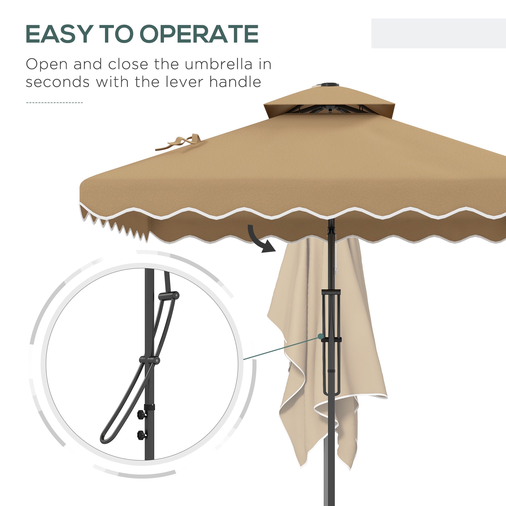 8' x 8' Square Double Top Offset Patio Umbrella Garden Parasol with Ruffles, Lever Handle and Weights, Khaki Cantilever Umbrellas   at Gallery Canada