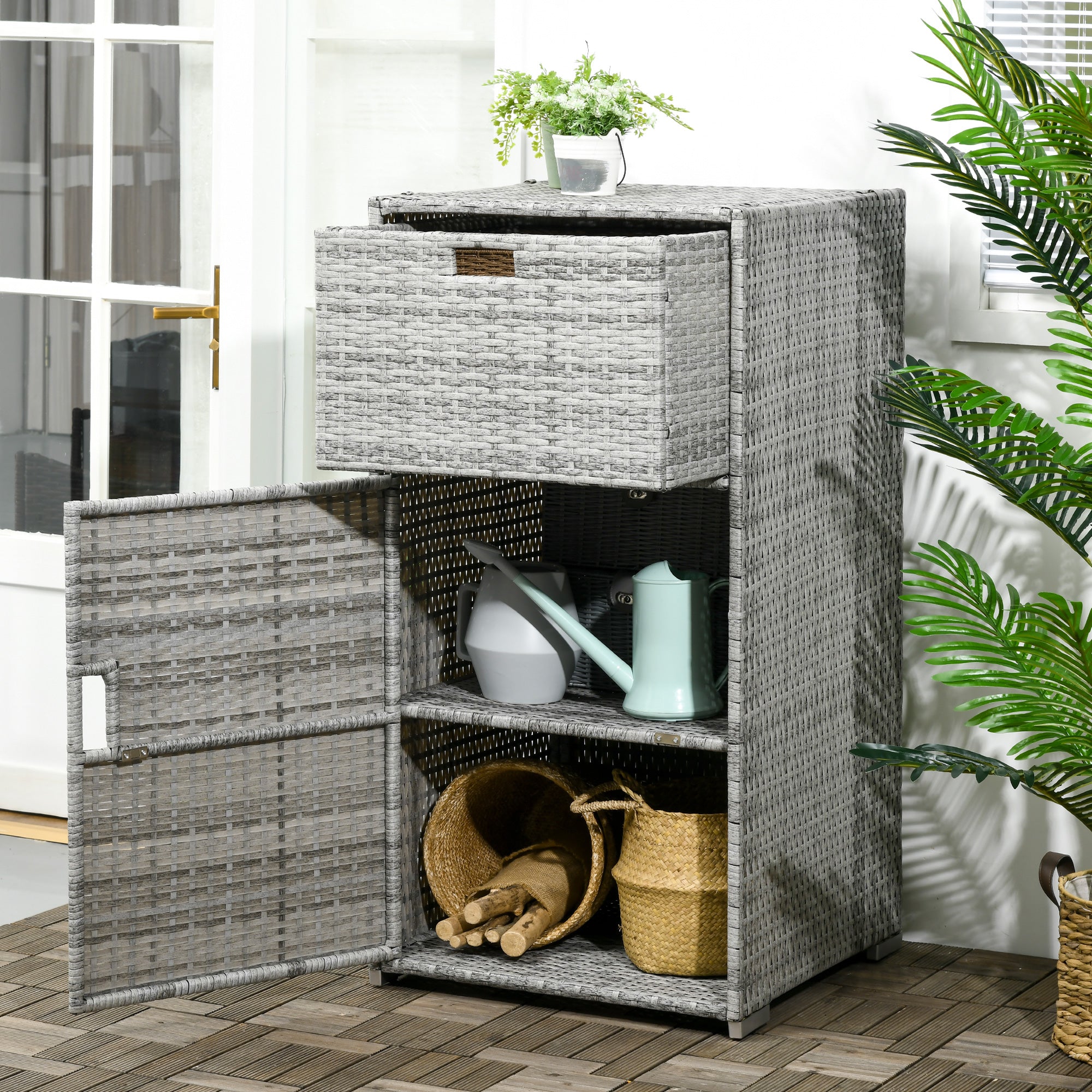 Patio Storage Cabinet, Outdoor Towel Rack for Pool, Waterproof PE Rattan Wicker, Hot Tub Accessory, with Basket Drawer, Mixed Grey Patio Storage Boxes at Gallery Canada