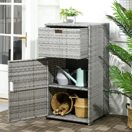 Patio Storage Cabinet, Outdoor Towel Rack for Pool, Waterproof PE Rattan Wicker, Hot Tub Accessory, with Basket Drawer, Mixed Grey