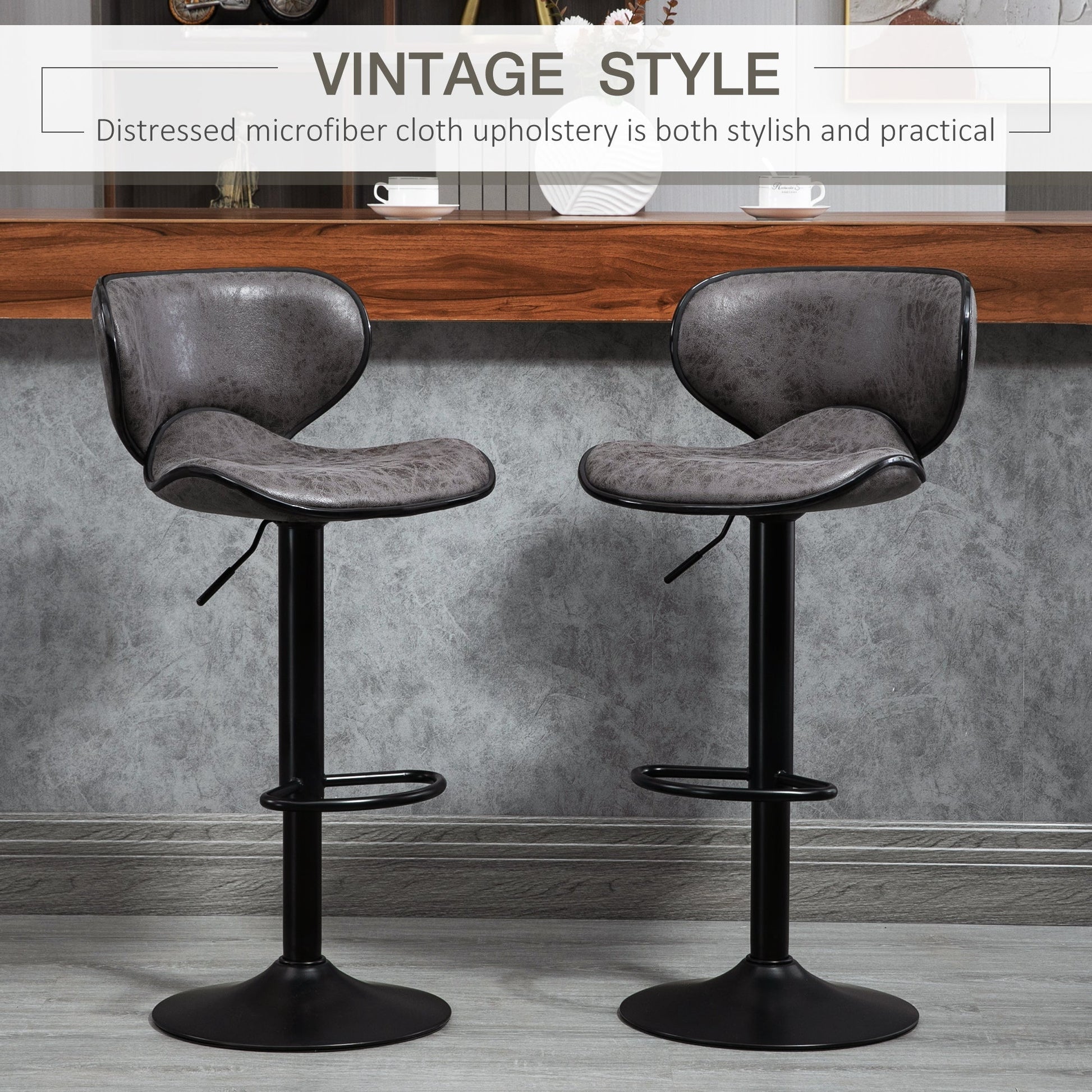 Vintage Bar Stools Set of 2, Microfiber Cloth Adjustable Height Armless Chairs with Swivel Seat, Dark Grey Bar Stools   at Gallery Canada