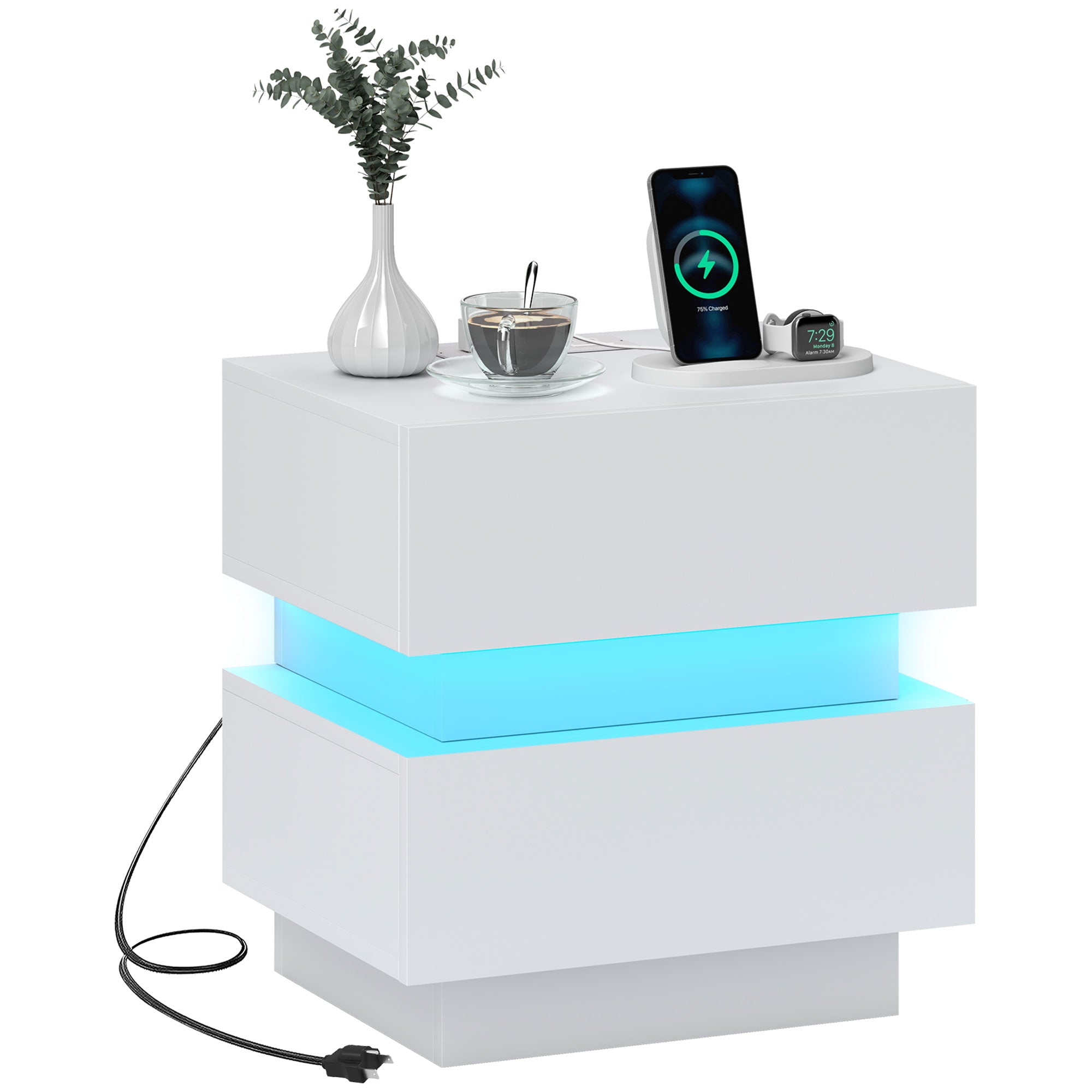 Bedside Table with Charging Station and LED Light Modern Nightstand with USB Ports AC Outlets Drawers Remote, White Bedside Tables   at Gallery Canada