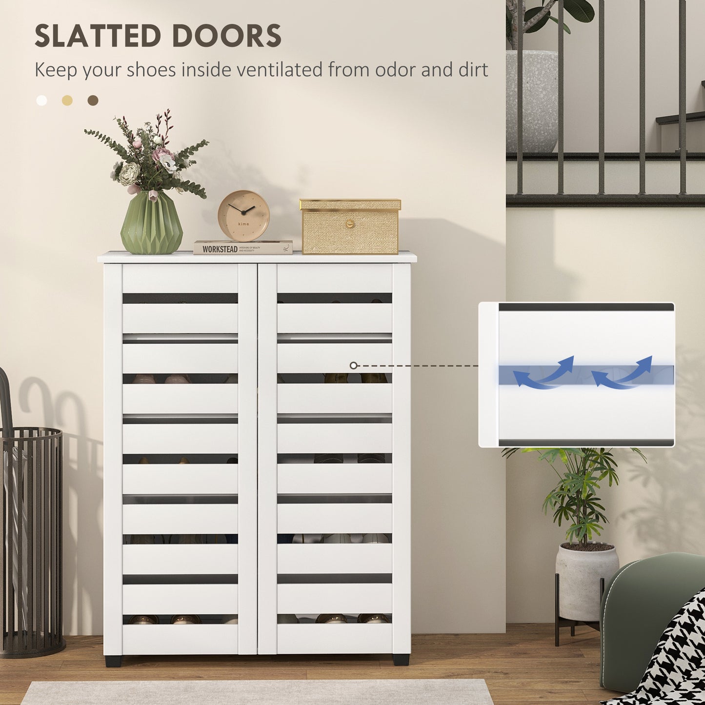 Shoe Storage Cabinet, Shoe Cabinet with 2 Slatted Doors for 15 Pairs of Shoes, White Shoe Storage Cabinets & Racks   at Gallery Canada