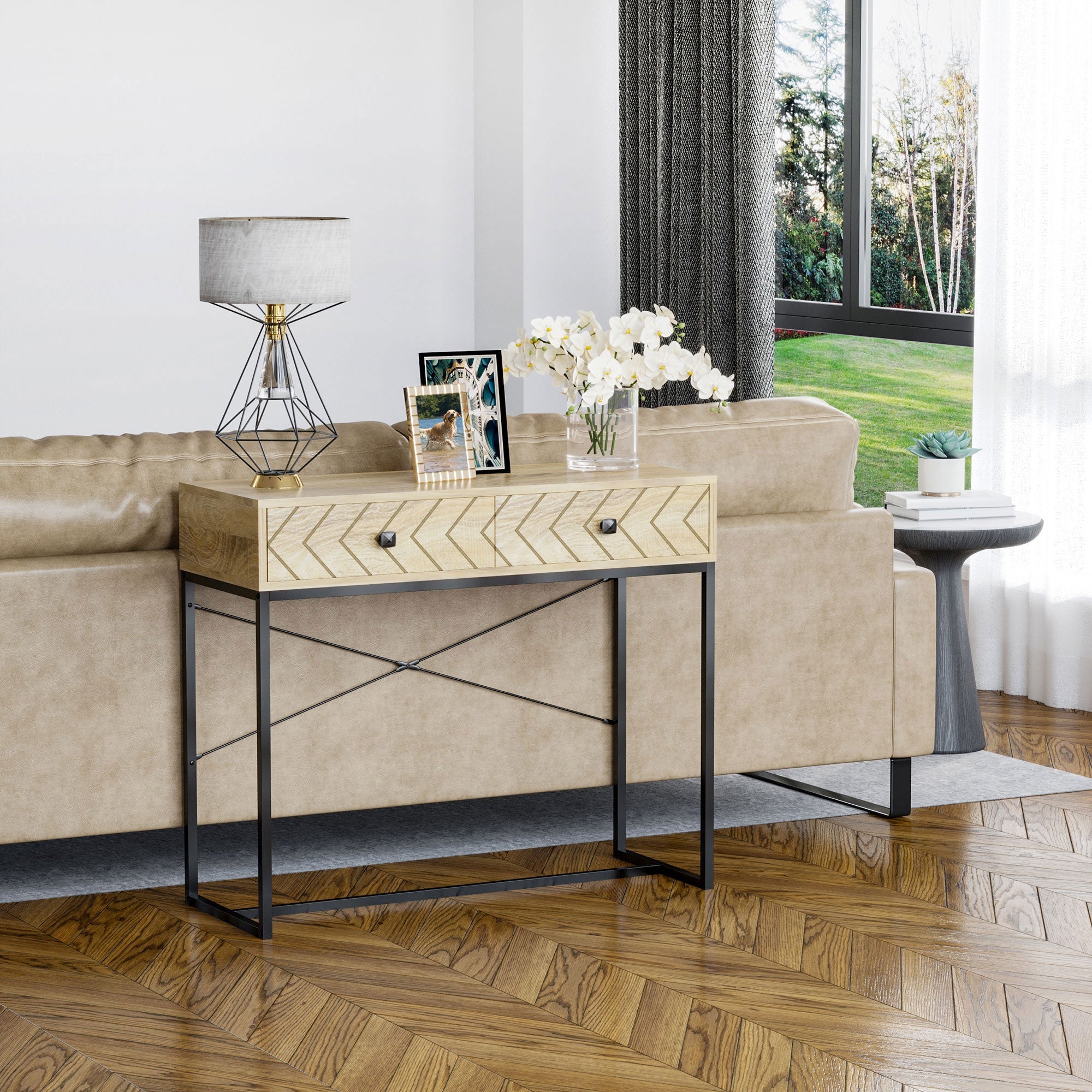 Industrial Console Table with 2 Storage Drawers, Elegant Side Table with Metal Frame and Back X-Bar for Living Room, Study Room, Office Console Tables   at Gallery Canada