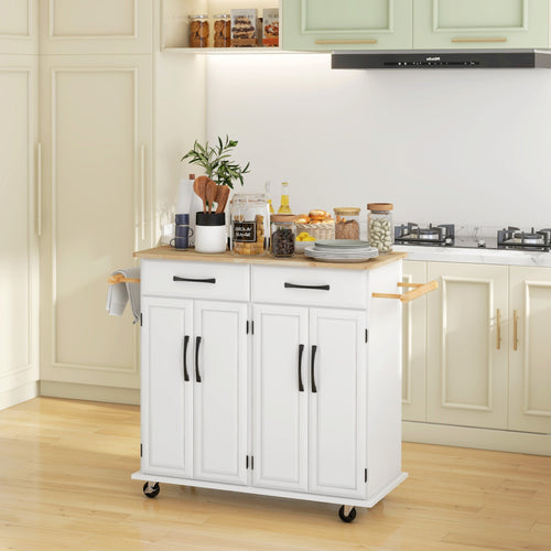 Kitchen Island on Wheels with Rubberwood Top, Rolling Kitchen Cart with 2 Drawers, 4 Doors and Adjustable Shelves