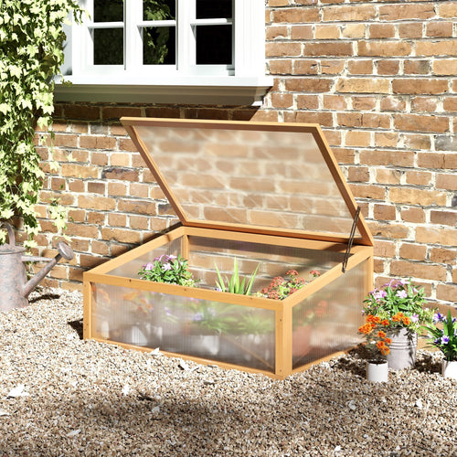 Portable Wooden Cold Frame Greenhouse Planter with Openable Top, Light Brown