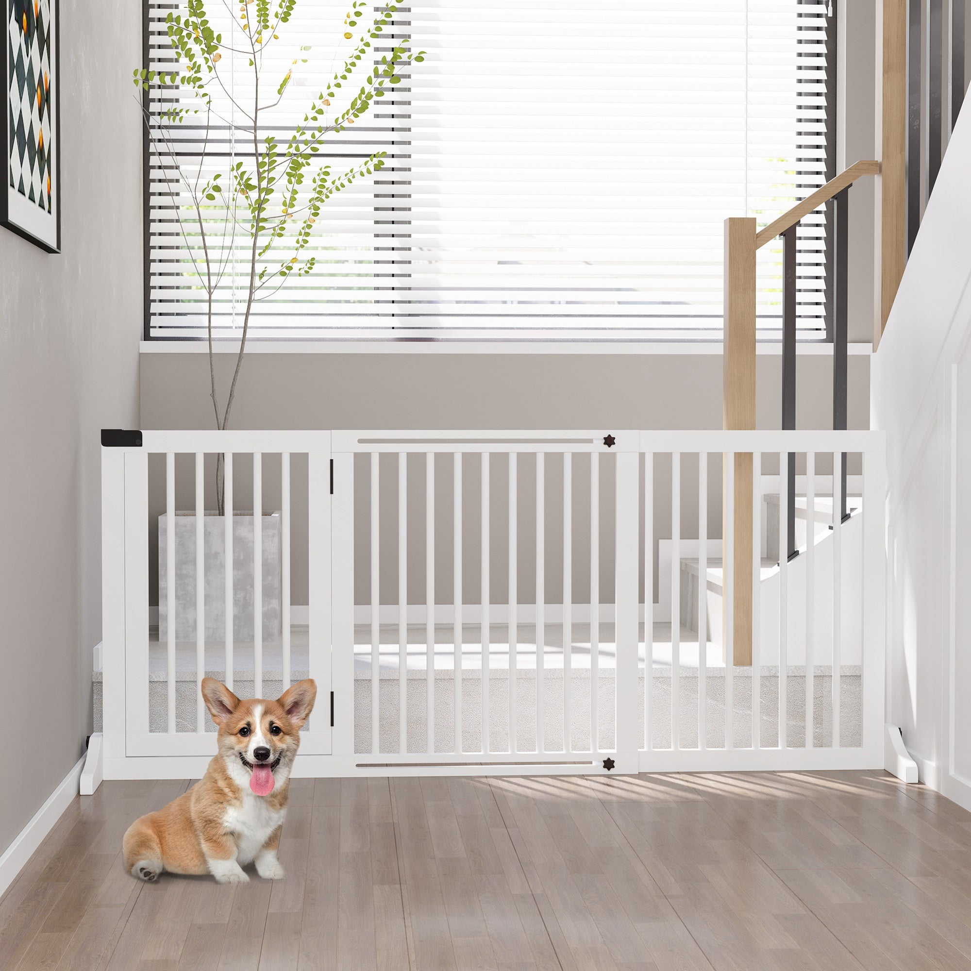 Freestanding Length Adjustable Wooden Pet Gate with Lockable Door 3 Panels, White Houses, Kennels & Pens at Gallery Canada