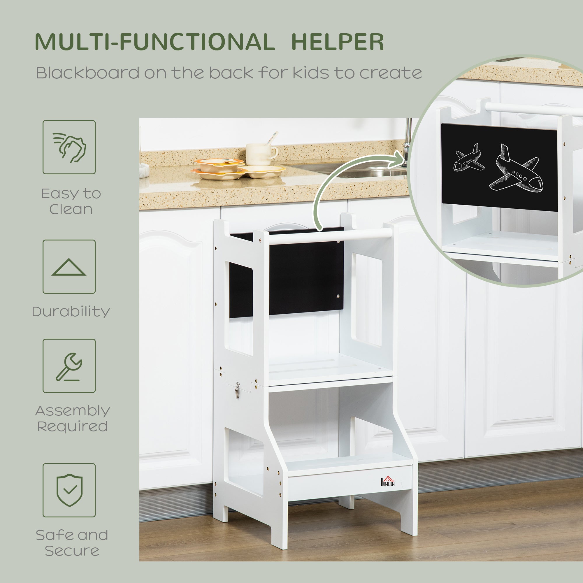 2-in-1 Kids Kitchen Helper Step Stool, Detachable Toddler Table and Chair Set, Children Standing Tower for Kitchen Counter with Safety Rail Chalkboard, White Toddler & Kids Step Stools at Gallery Canada