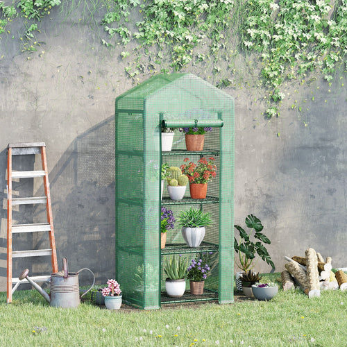 Portable Greenhouse, Outdoor Hot House Plant Flower Greenhouse with 4 Tier Shelves, Steel Frame, PE Cover, Dark Green