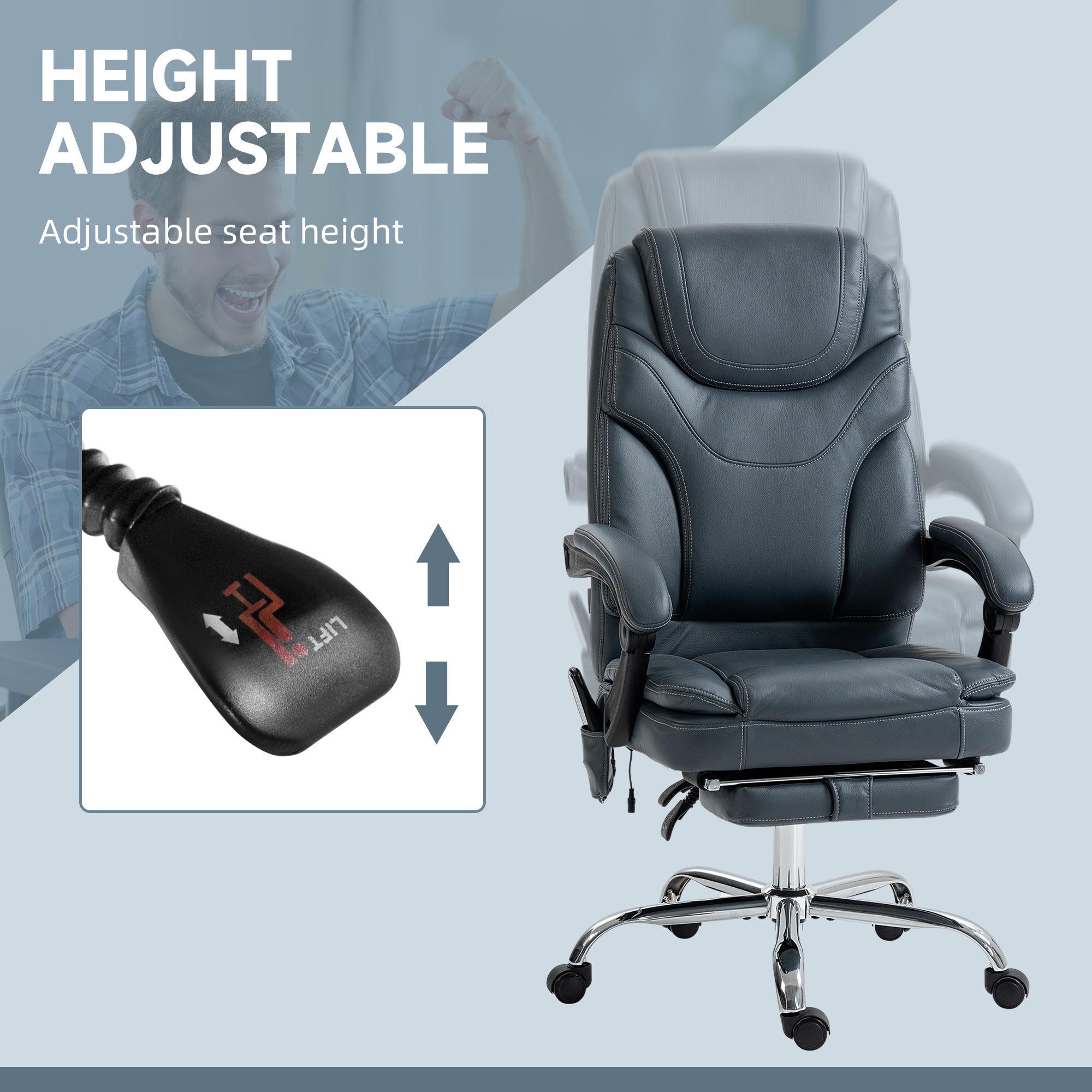 6 Point Vibration Massage Office Chair, PU Leather Heated Reclining Computer Chair with Footrest, Grey Massage Chairs   at Gallery Canada