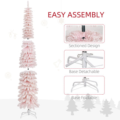 6ft Snow-Flocked Artificial Christmas Tree, Slim Pencil Xmas Tree with 395 Realistic Branches, Metal Base, Pink Pencil Christmas Trees at Gallery Canada