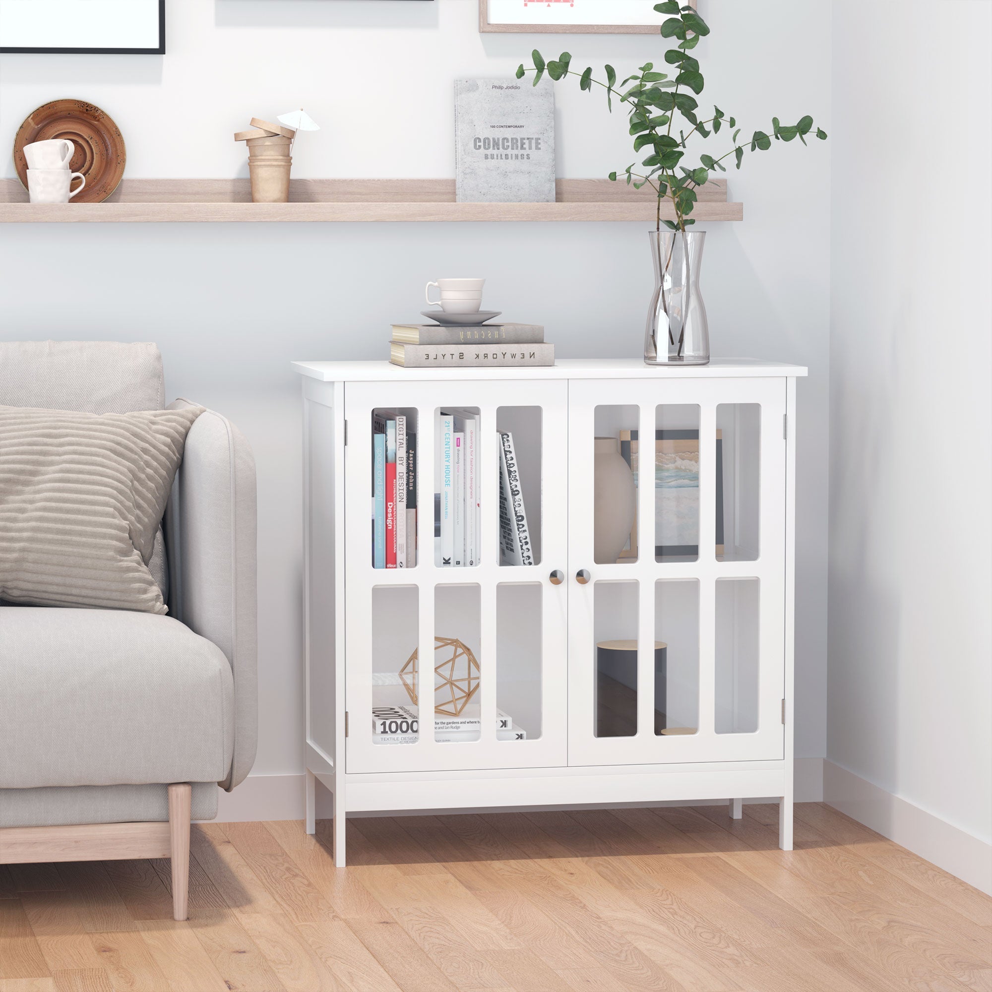 Storage Sideboard Buffet Cabinet Credenza with 2 Transparent Doors Dining Cupboard for Multifunction in Kitchen, Hallway, Living Room White Bar Cabinets   at Gallery Canada