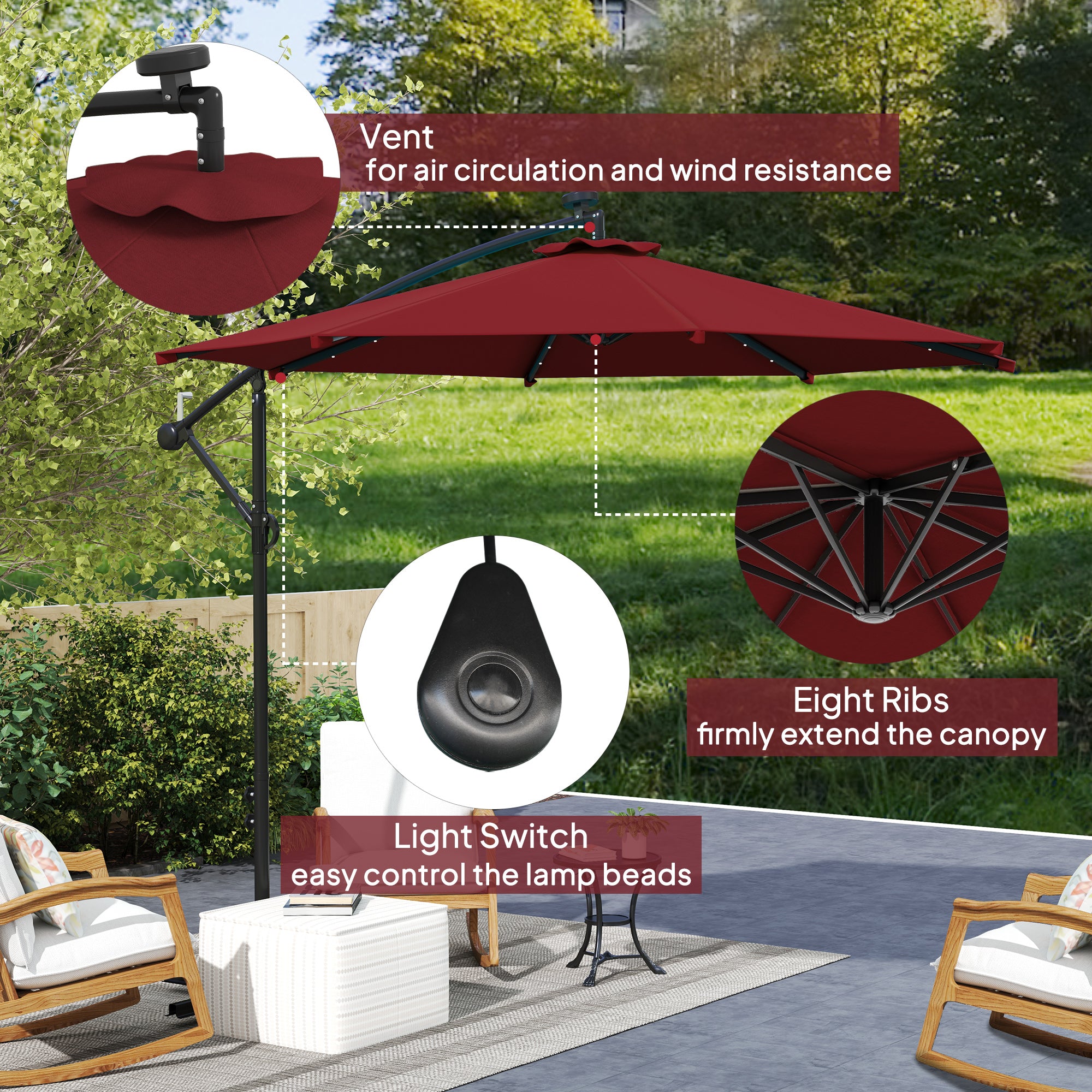 10ft Outdoor Cantilever Umbrella Banana Umbrella with Solar Lights and Adjustable Angle for Patio Backyard Wine Red Offset Cantilever Umbrellas at Gallery Canada