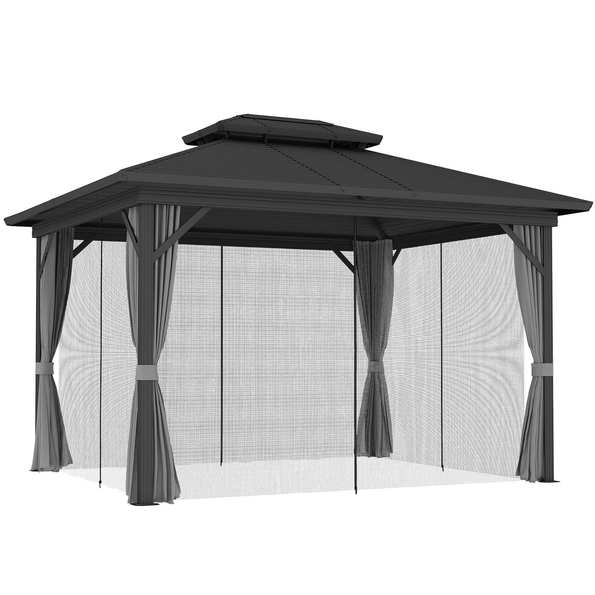 10' x 12' Hardtop Gazebo, Sun Shelter with Double Tier Metal Roof, Mosquito Netting, and Hanging Hook, Light Grey Gazebos at Gallery Canada