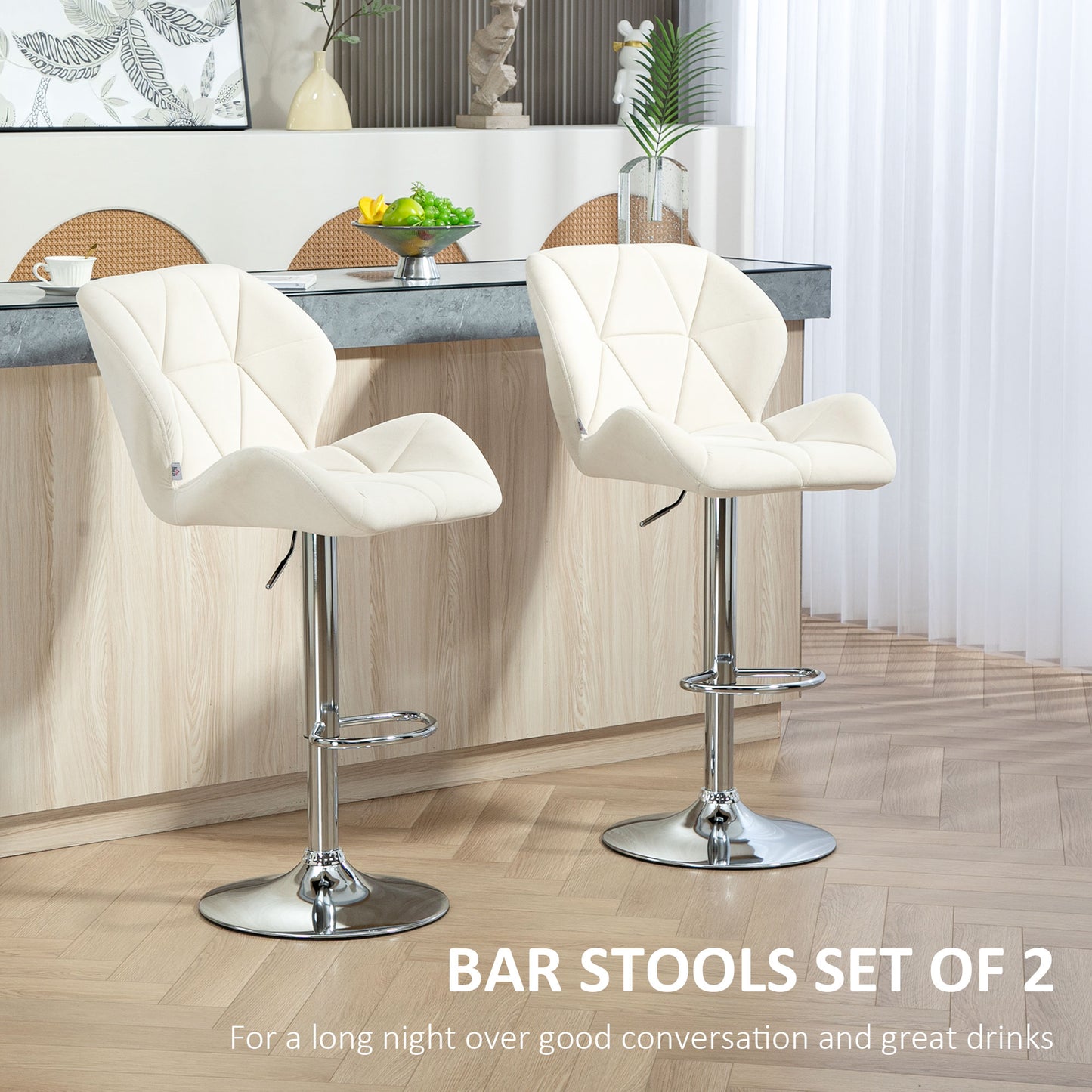 Bar Stool Set of 2 Fabric Adjustable Height Armless Upholstered Counter Chairs with Swivel Seat, Cream White Bar Stools   at Gallery Canada