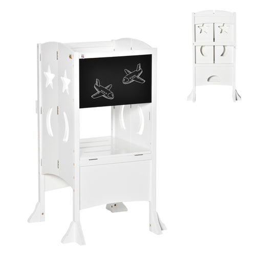 Kids Kitchen Helper Foldable Step Stool Toddler Kitchen Stool with Blackboard Lockable Handrail for 3-6 Years old White