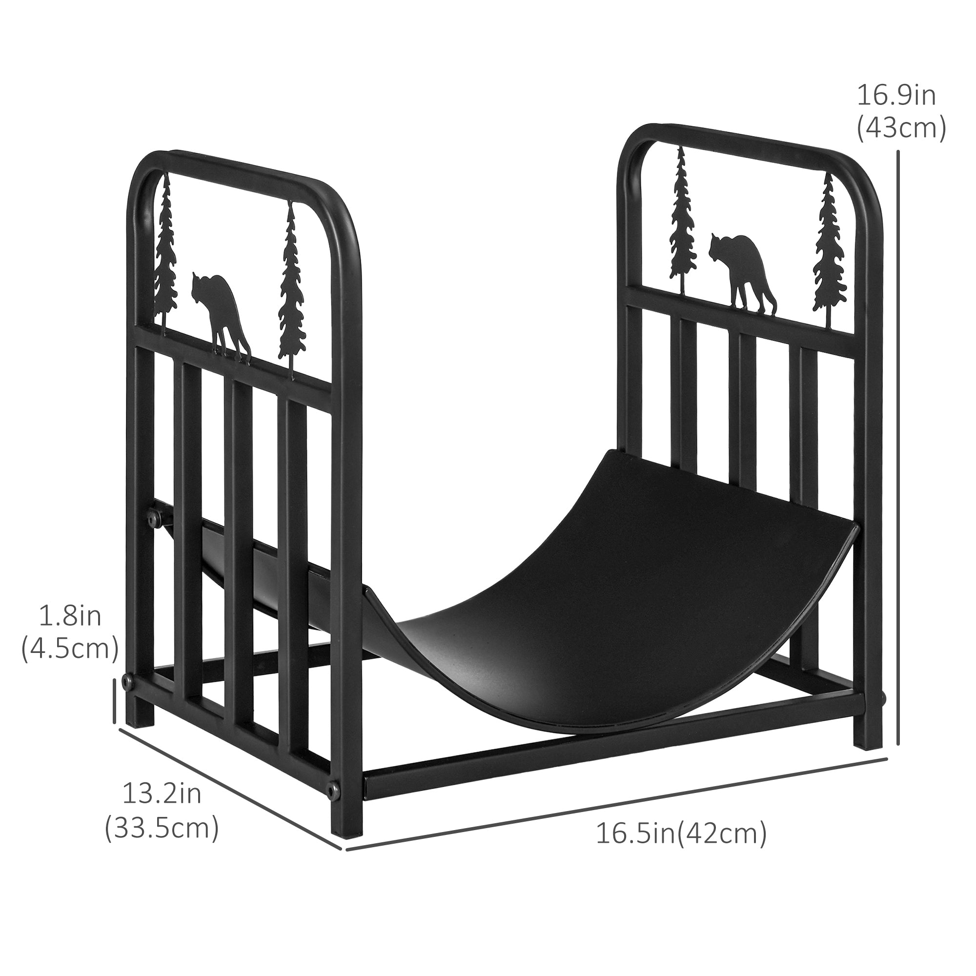 Curved Firewood Rack with Bear and Pine Tree Design, 17 Inch Log Holder Storage Rack with 110 lbs. Capacity, Black Firewood Racks at Gallery Canada