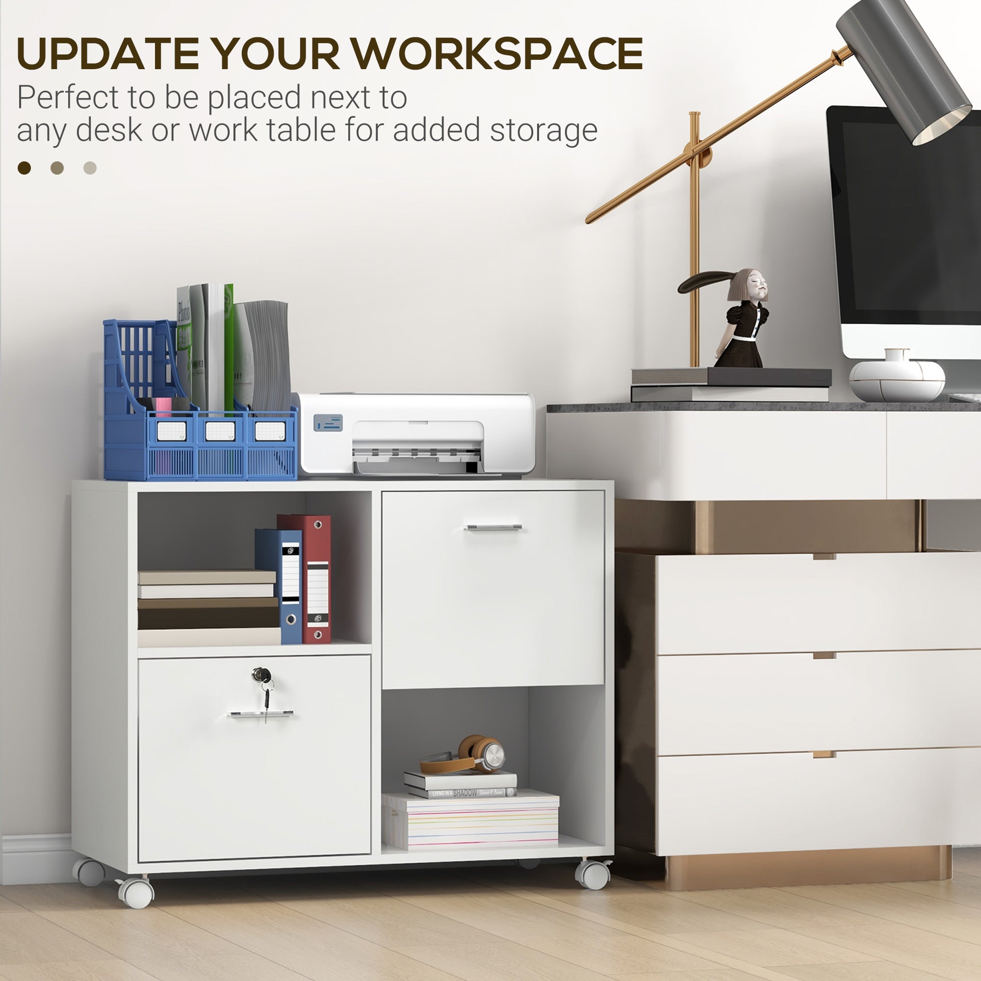 Lateral Filing Cabinet with Drawers and Lock, File Cabinet, Mobile Printer Stand with Open Shelves and Wheels for Letter and A4 Size Documents, White Office Cabinets & Cupboards at Gallery Canada