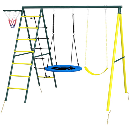 4 in 1 Swing Set for Kids with Saucer Swing, Seat, Climbing Ladder/Net, Basketball Hoop for 3-8 Years Old, Yellow - Gallery Canada