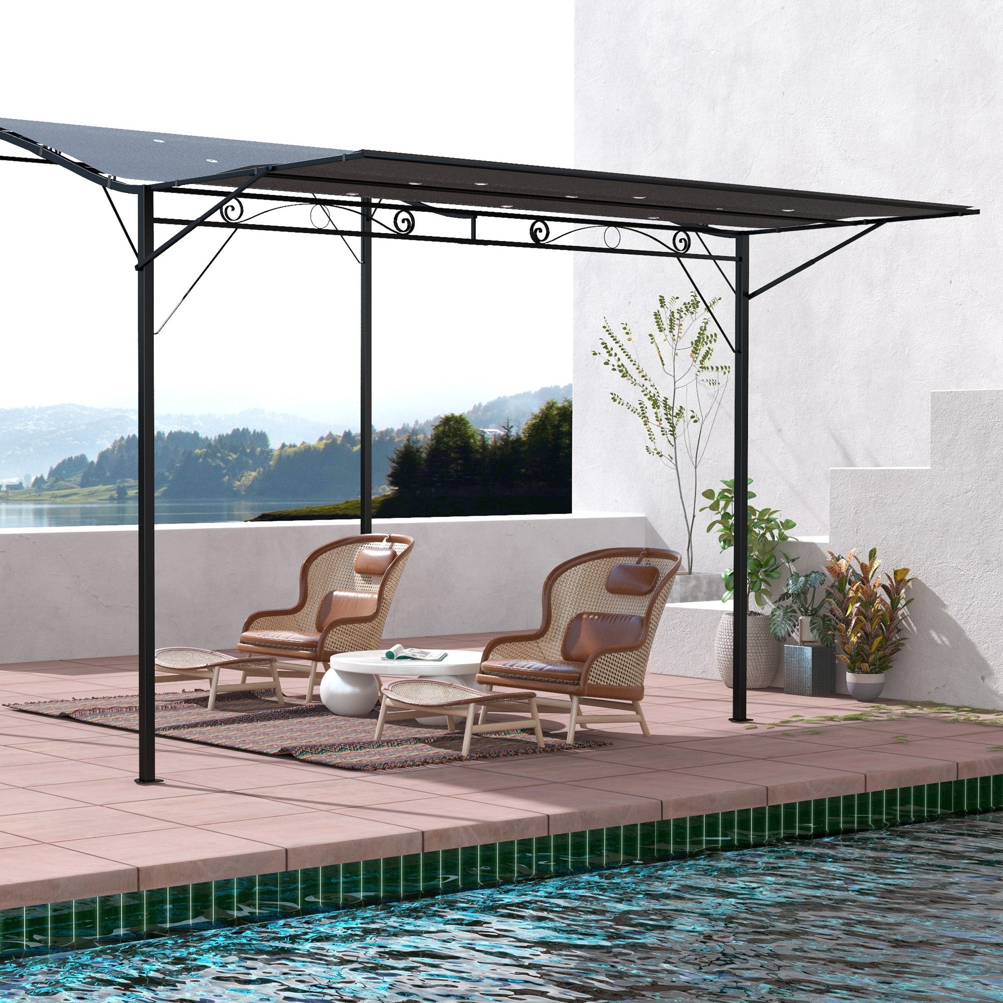 10x8ft Patio Metal Gazebo with Extendable Side Awning, Outdoor Shelter Shade Canopy Deck Awning, Dark Grey Pergolas at Gallery Canada